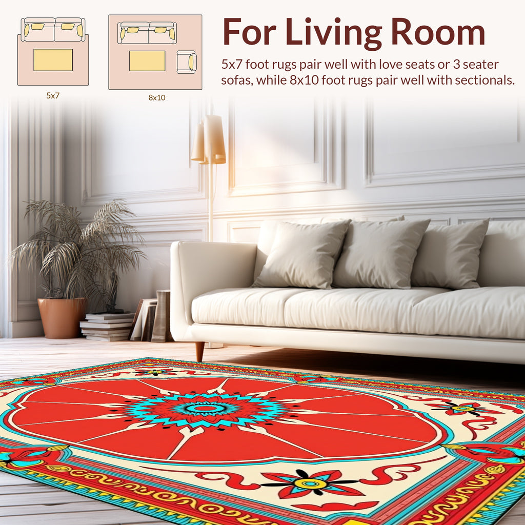 Vibrant Red Radial Floral Pattern Rug