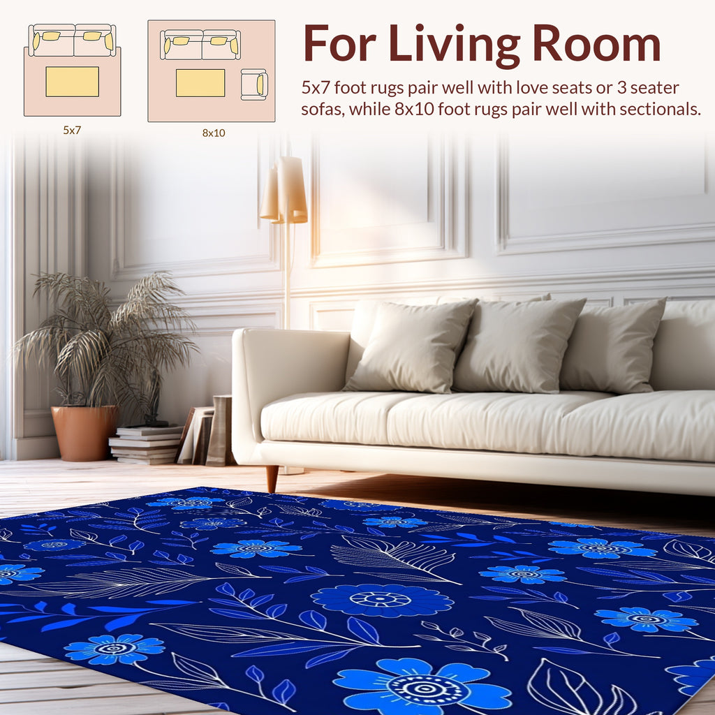 Elegant Blue Floral Outline Pattern Rug