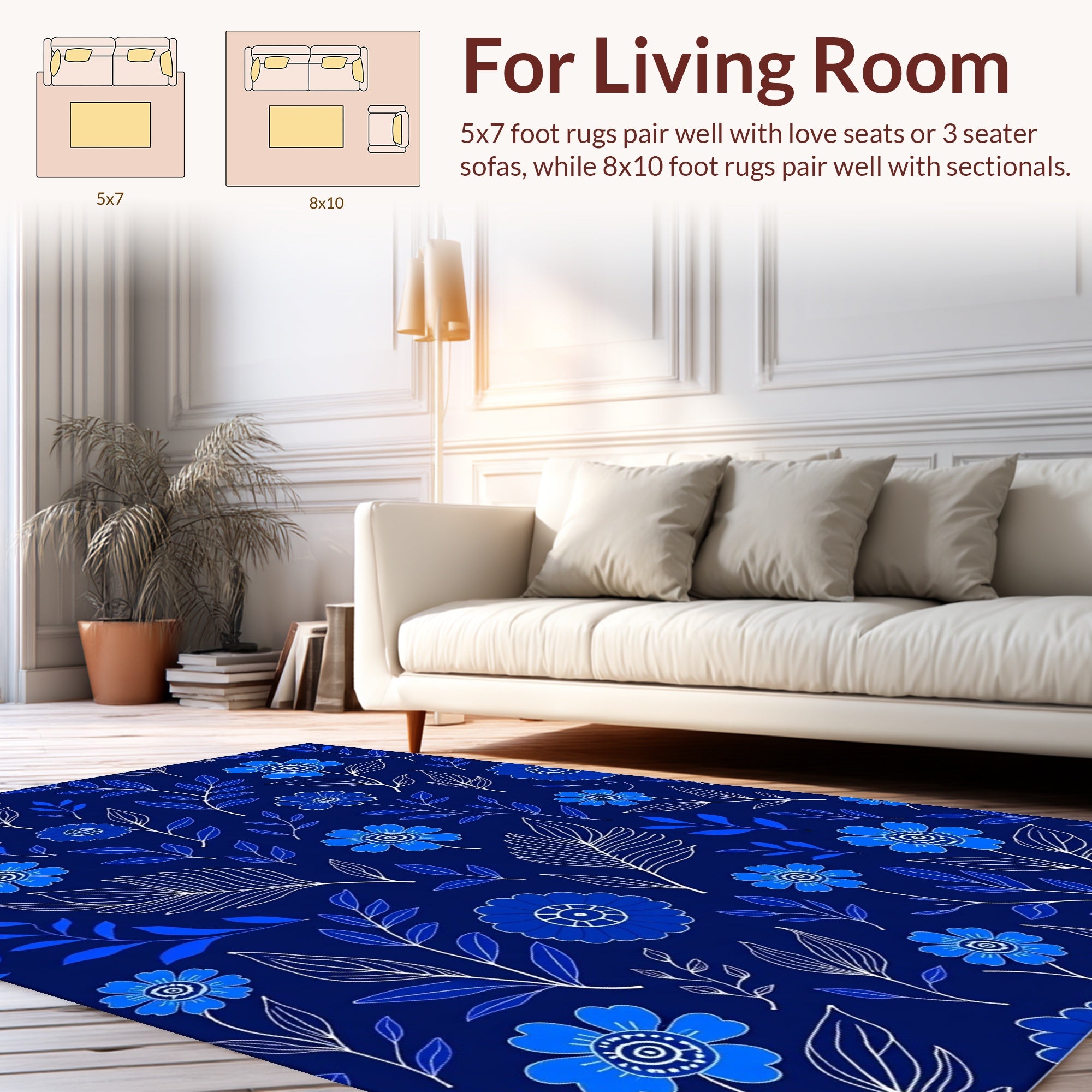 Elegant Blue Floral Outline Pattern Rug