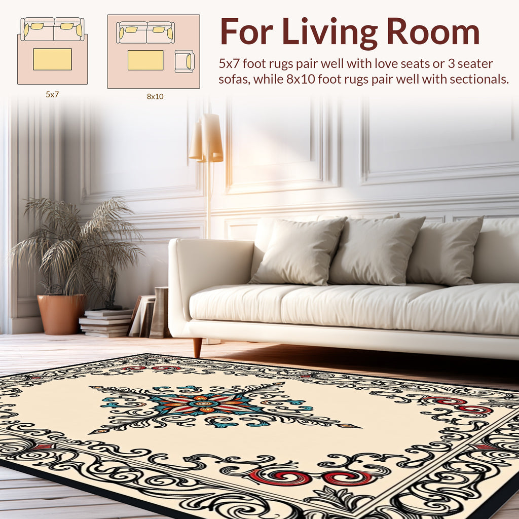 Ornate Floral Medallion Border Design Rug