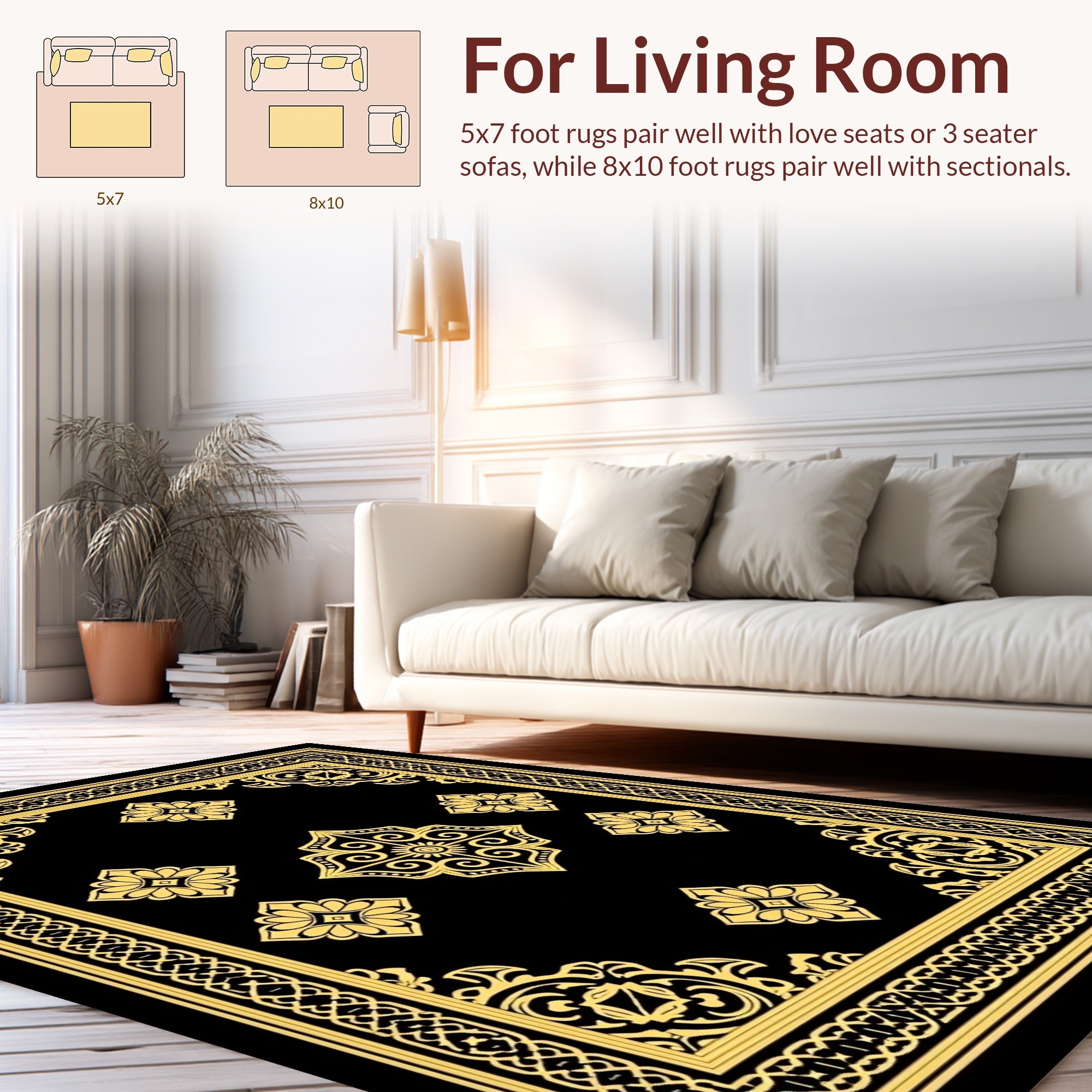 Black Gold Ornate Floral Patterned Rug