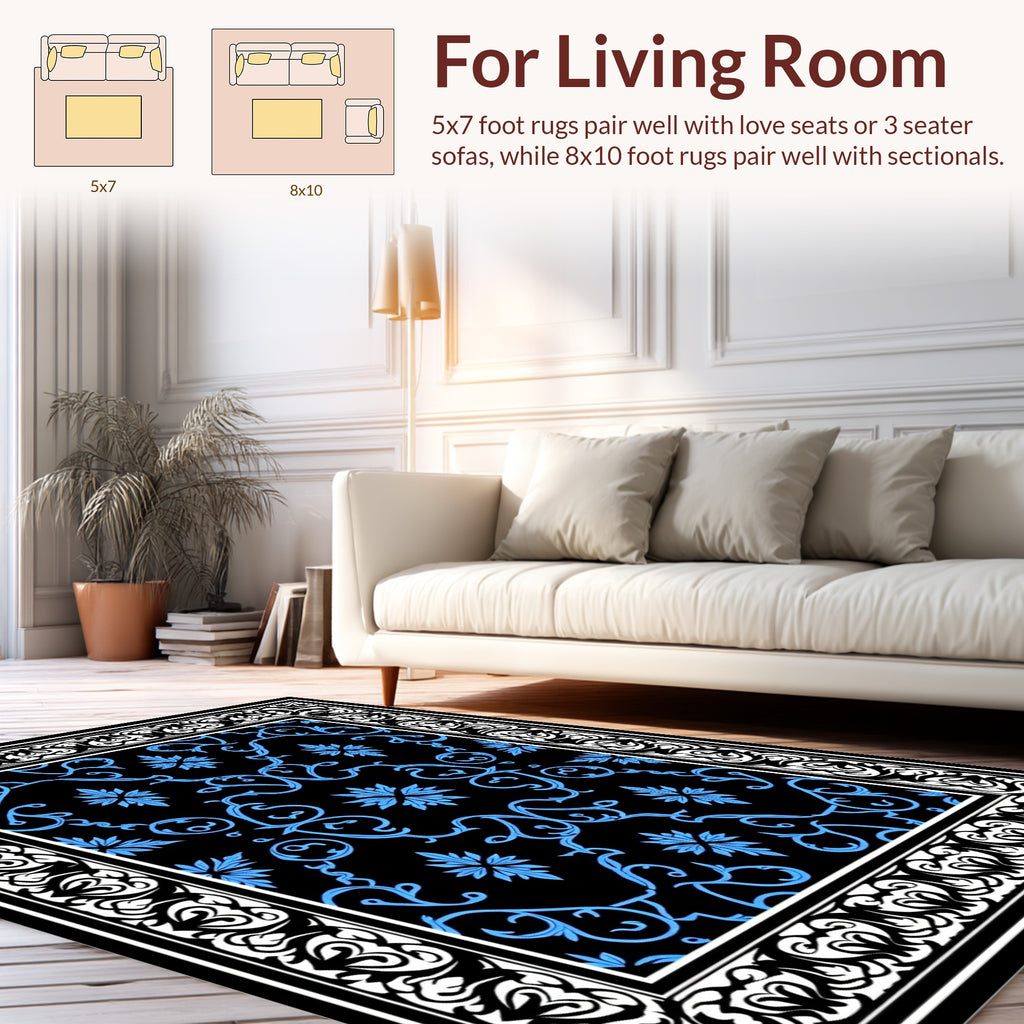Black Blue Floral Scroll Pattern Rug