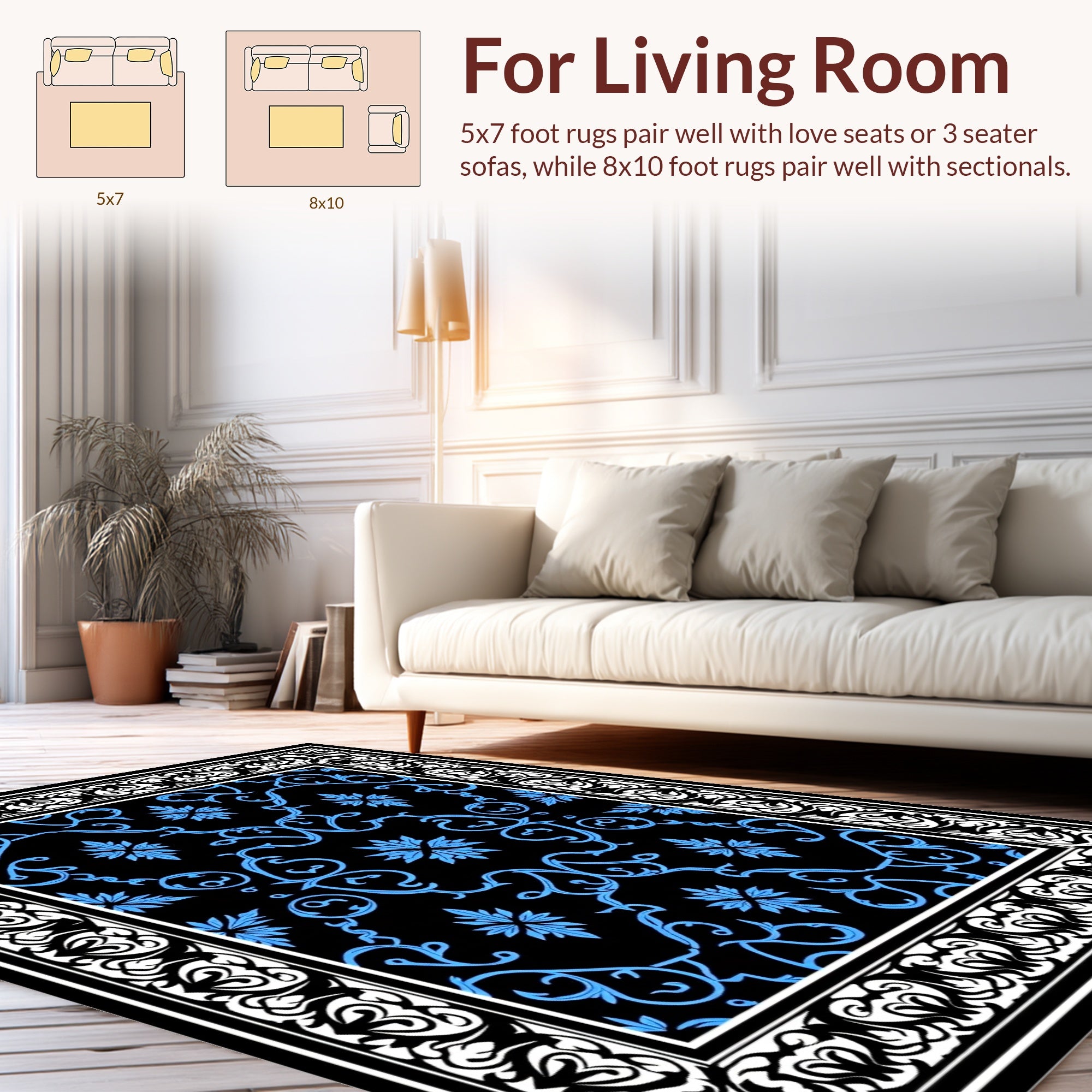 Black Blue Floral Scroll Pattern Rug