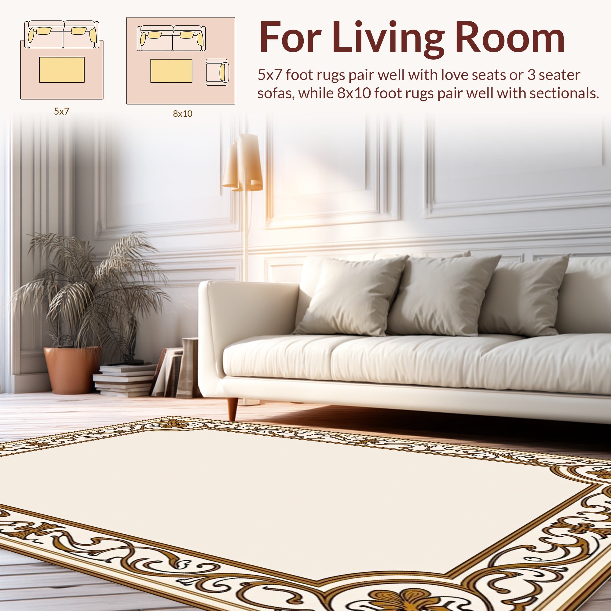Ornamental Gold Brown Floral Frame Rug