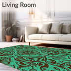 Turquoise Brown Floral Scroll Medallion Rug