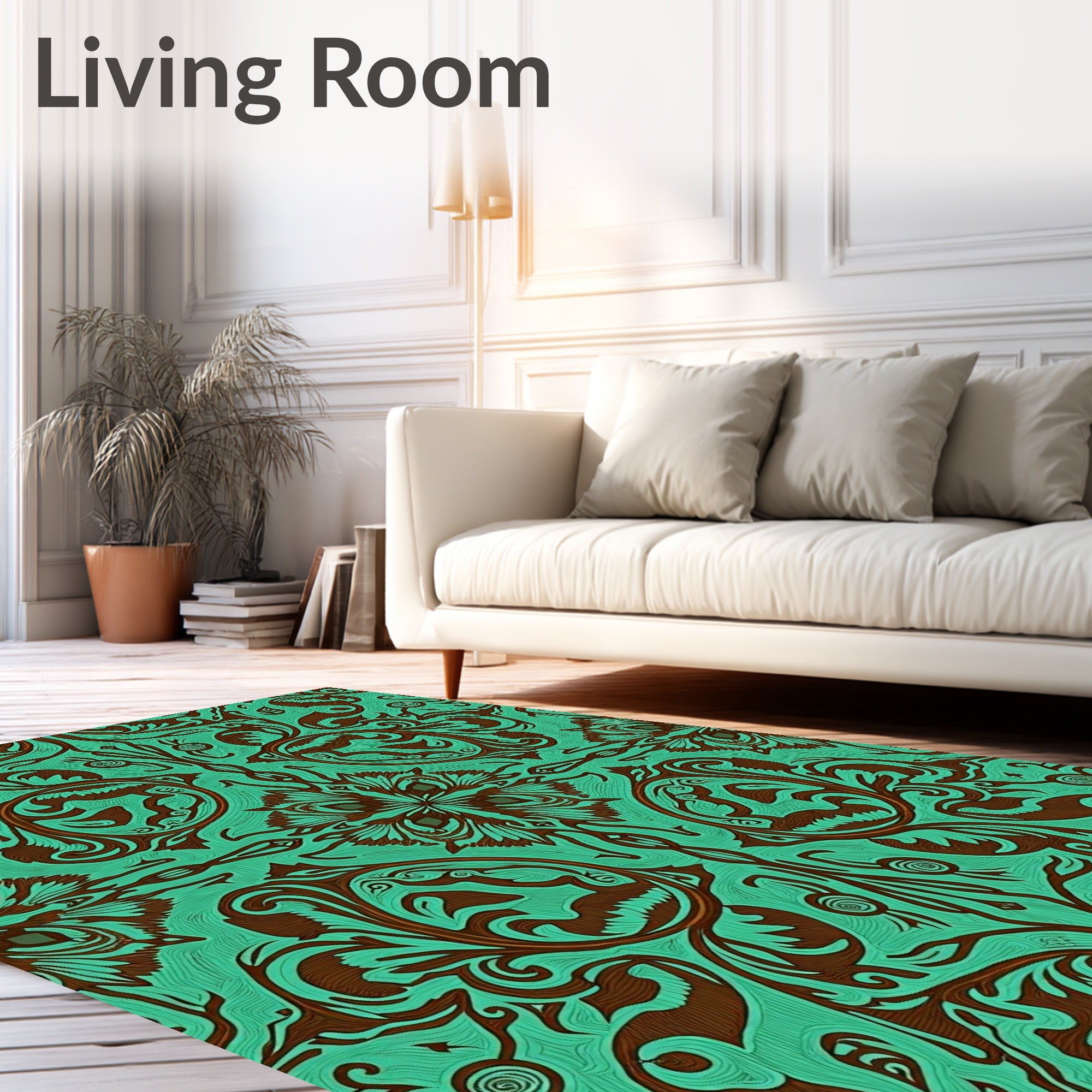 Turquoise Brown Floral Scroll Medallion Rug