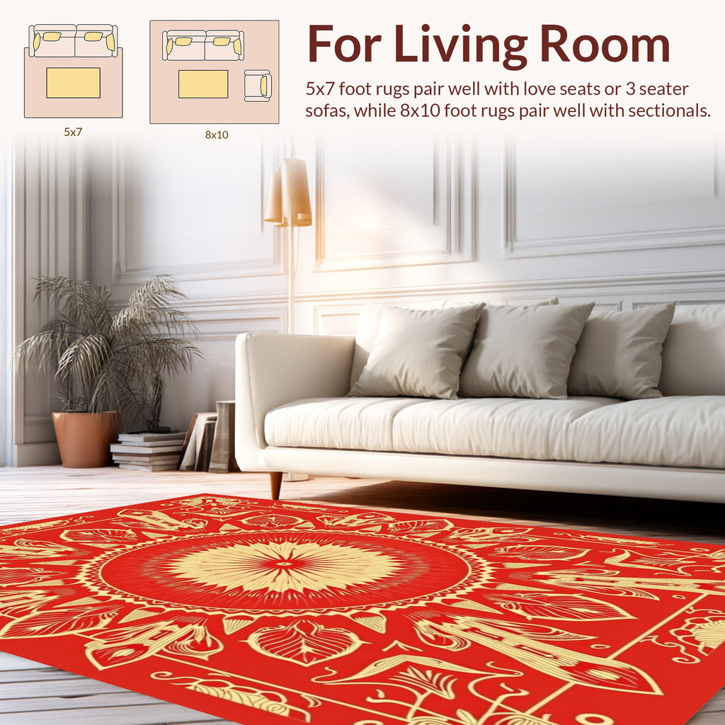 Bold Red Sunburst Mandala Design Rug
