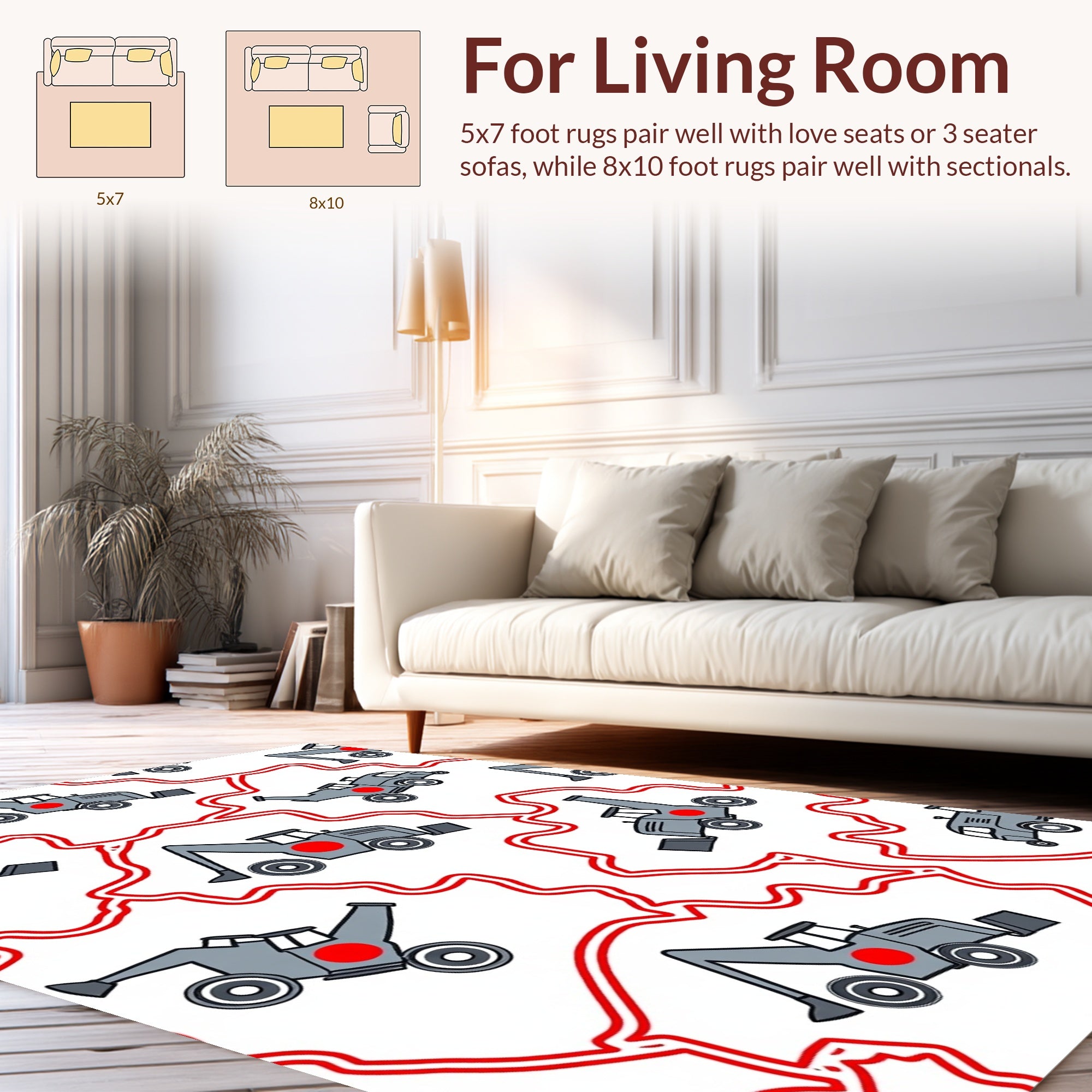 Gray Excavator Pattern With Red Outline Rug