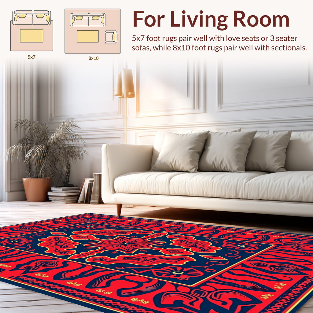 Bold Red Blue Exotic Pattern Rug