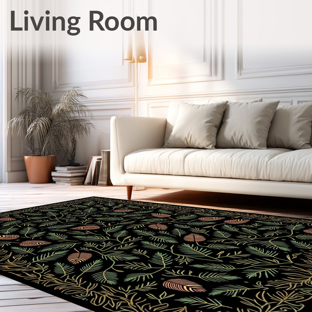 Ornate Black Botanical Leaf Collage Rug