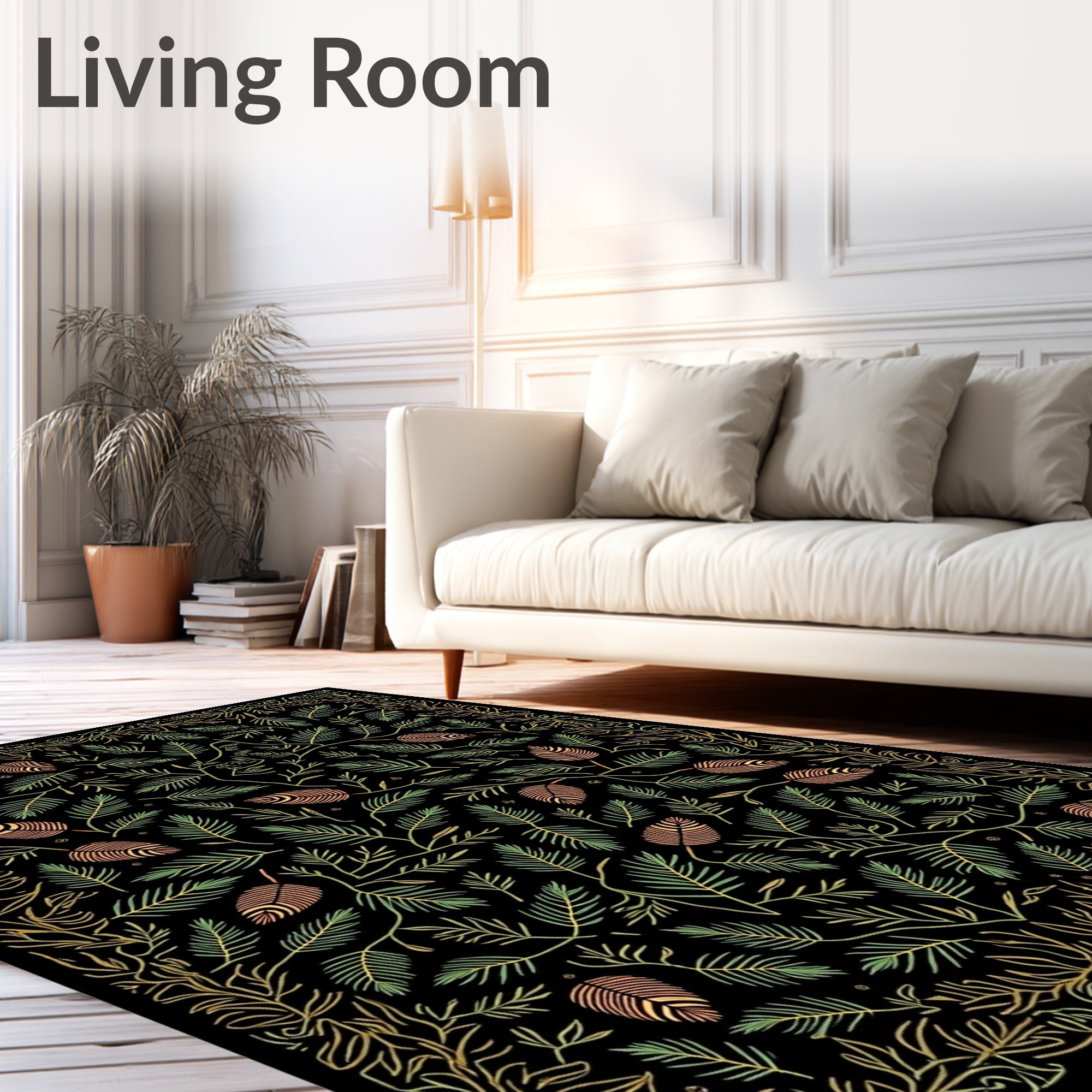 Ornate Black Botanical Leaf Collage Rug