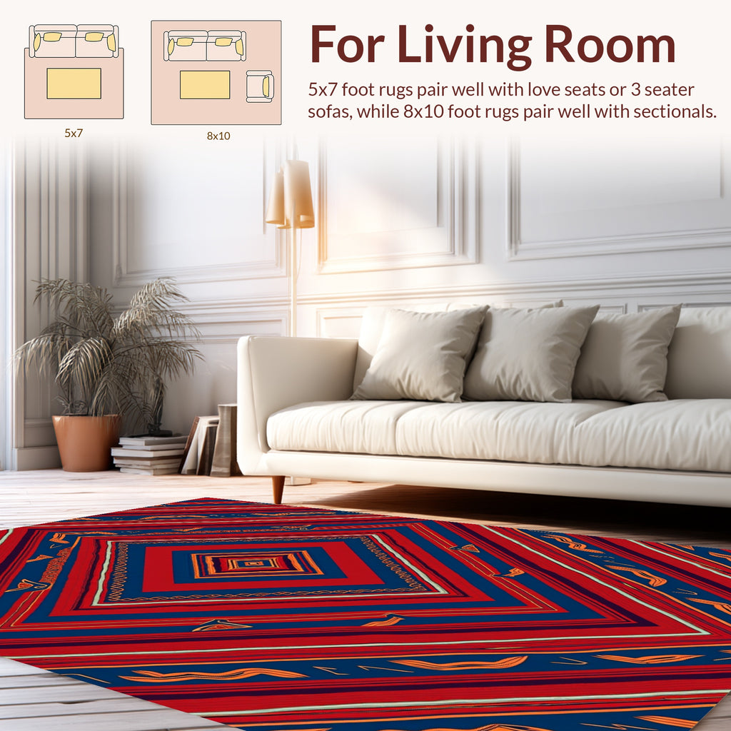 Bold Red Blue Geometric Diamond Pattern Rug