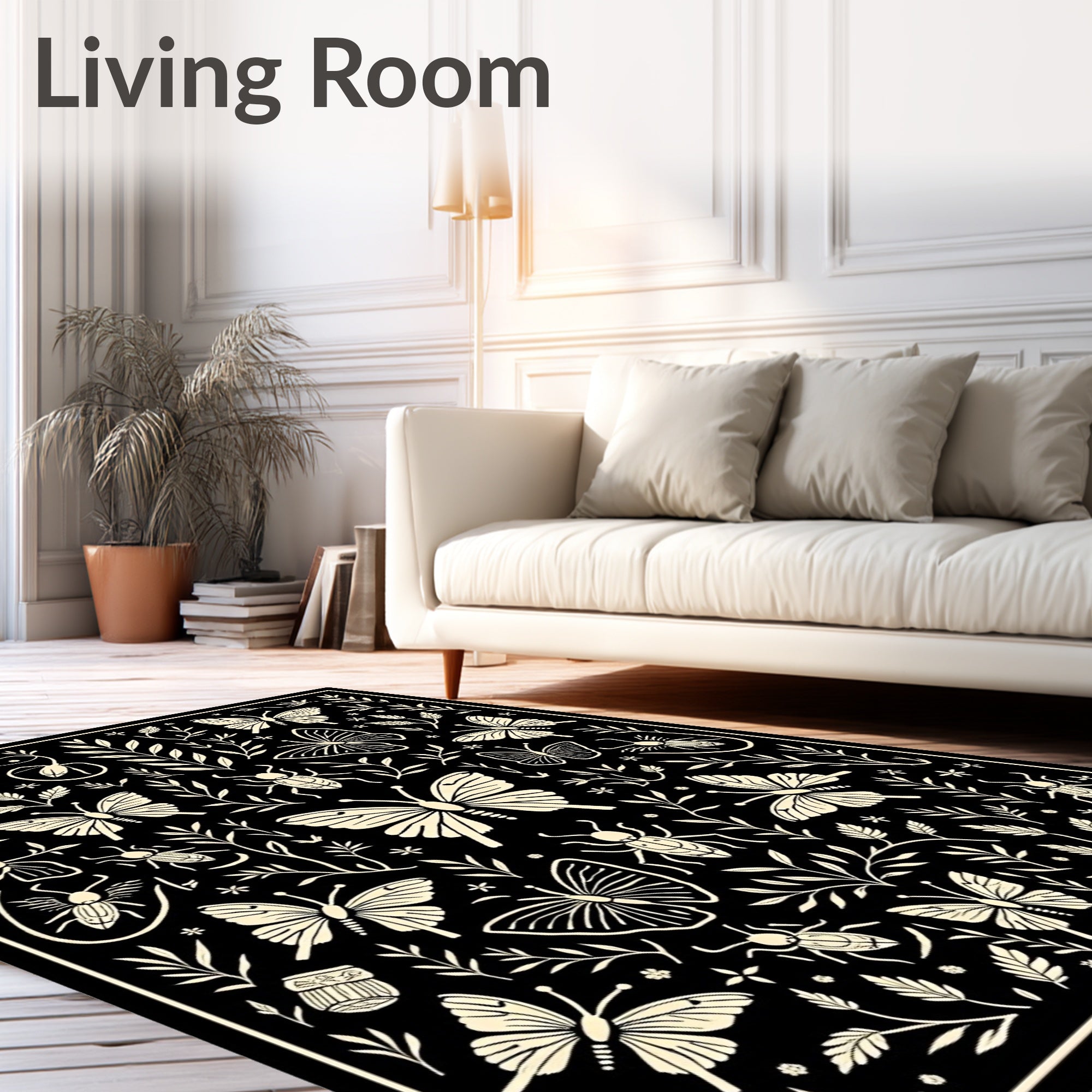 Black cream butterfly insect foliage composition Rug