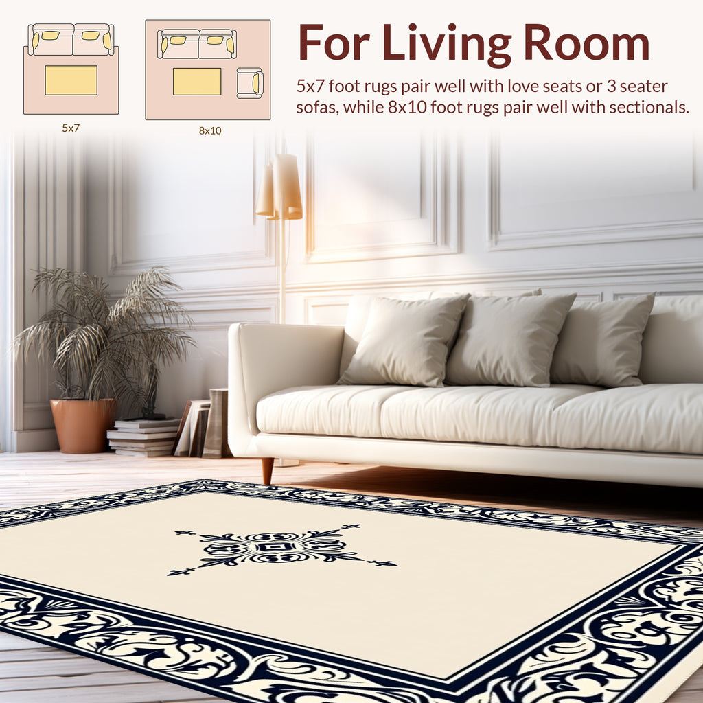 Elegant Dark Blue Scrollwork Border Design Rug