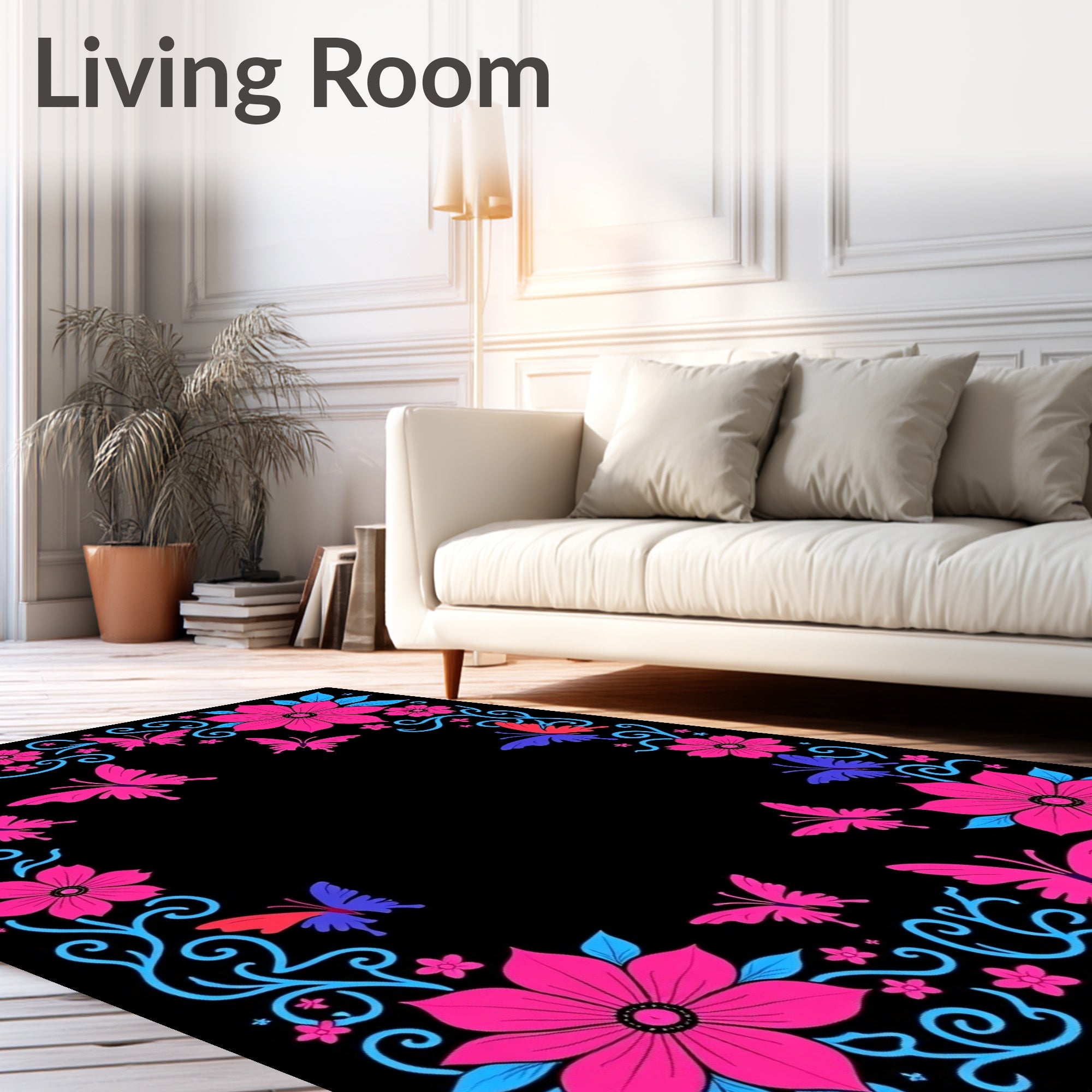 Vibrant Pink Blue Butterfly Floral Border Rug