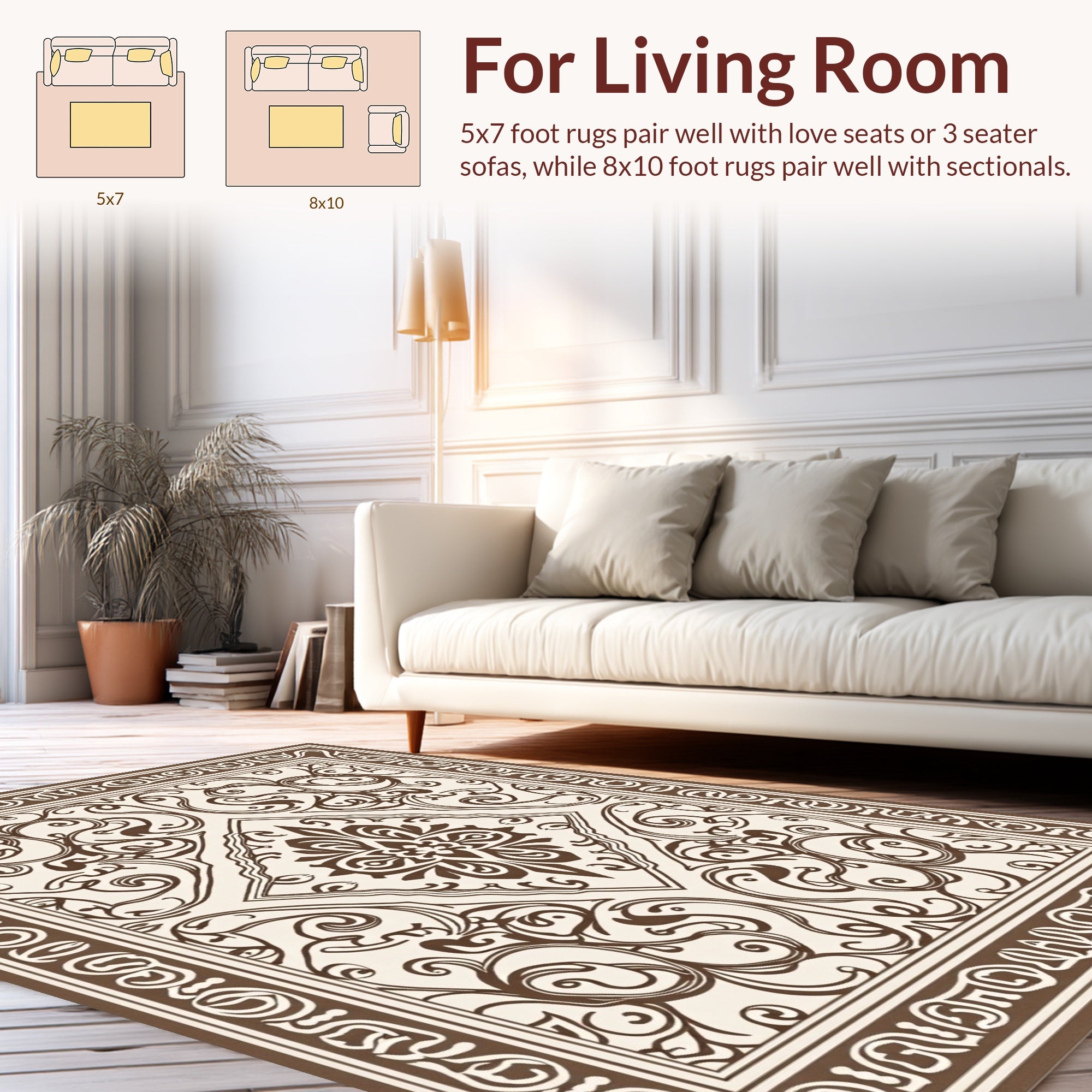 Ornate Brown Swirl Floral Pattern Rug