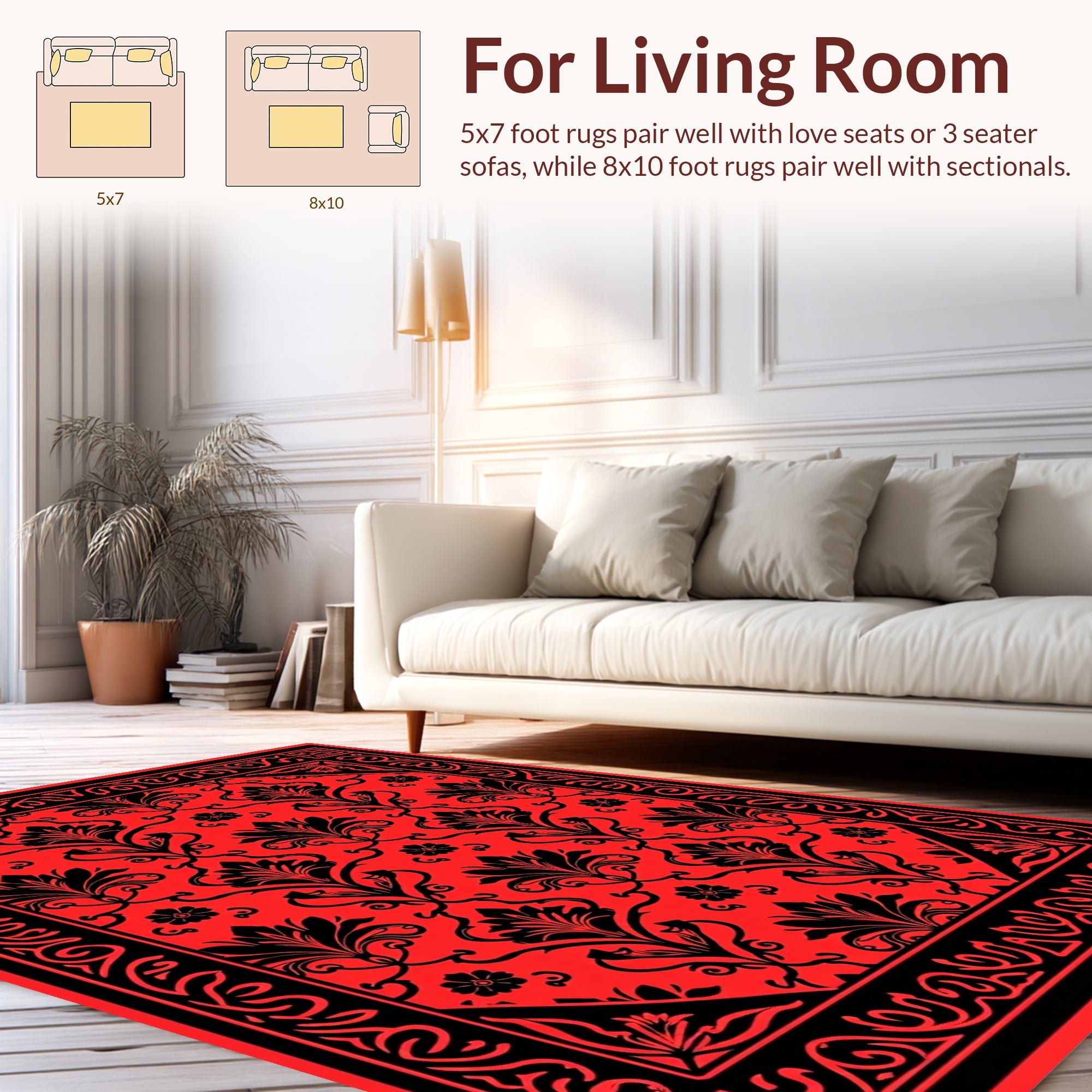 Ornate Red Black Floral Damask Rug