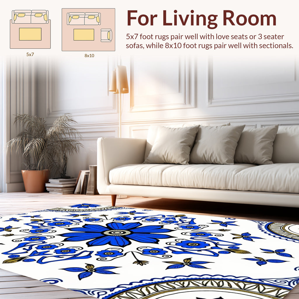 Bold Blue Floral Mandala Pattern Rug