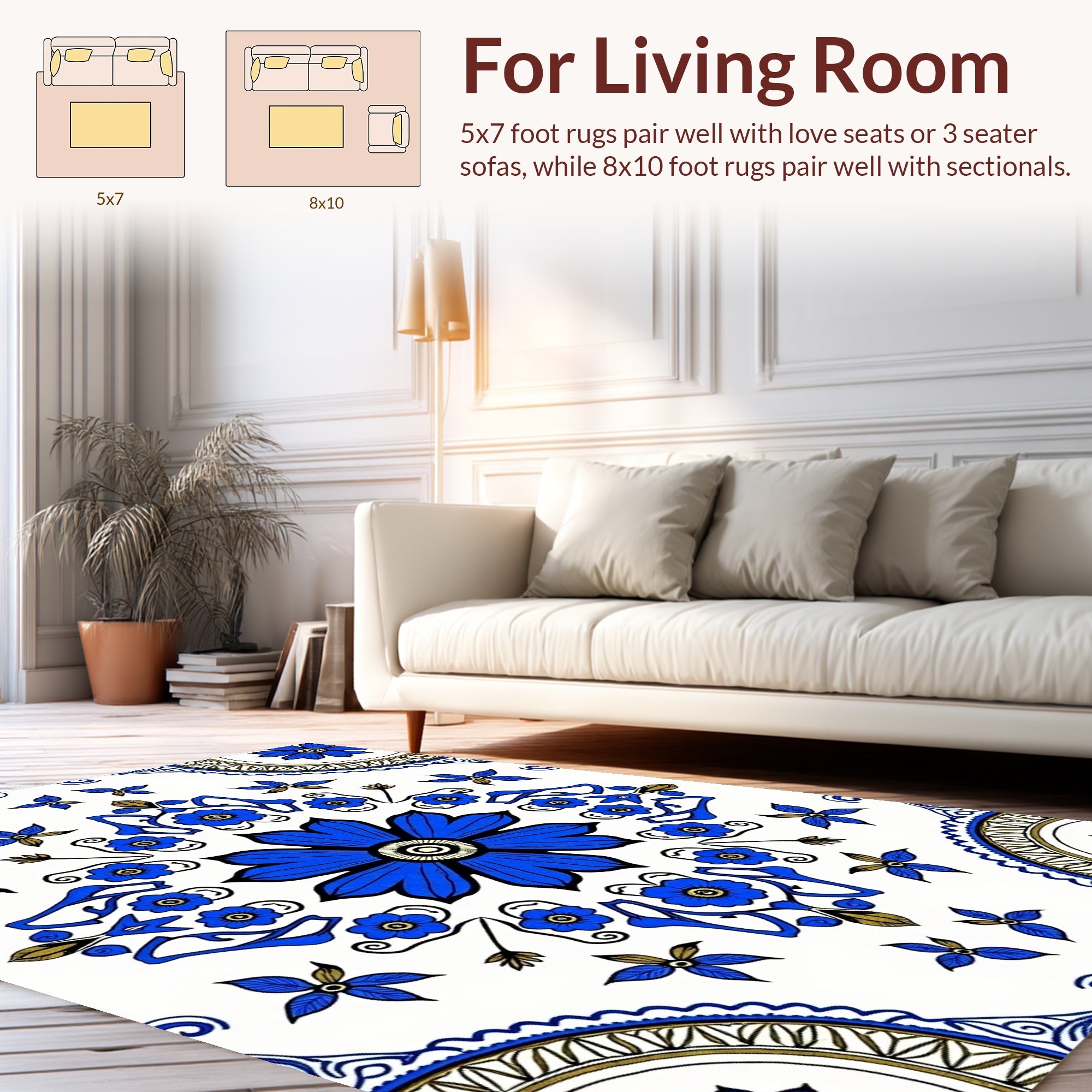 Bold Blue Floral Mandala Pattern Rug