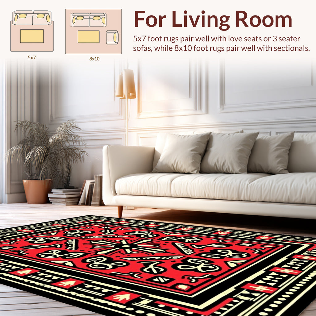 Bold Red Black Floral Motif Rug