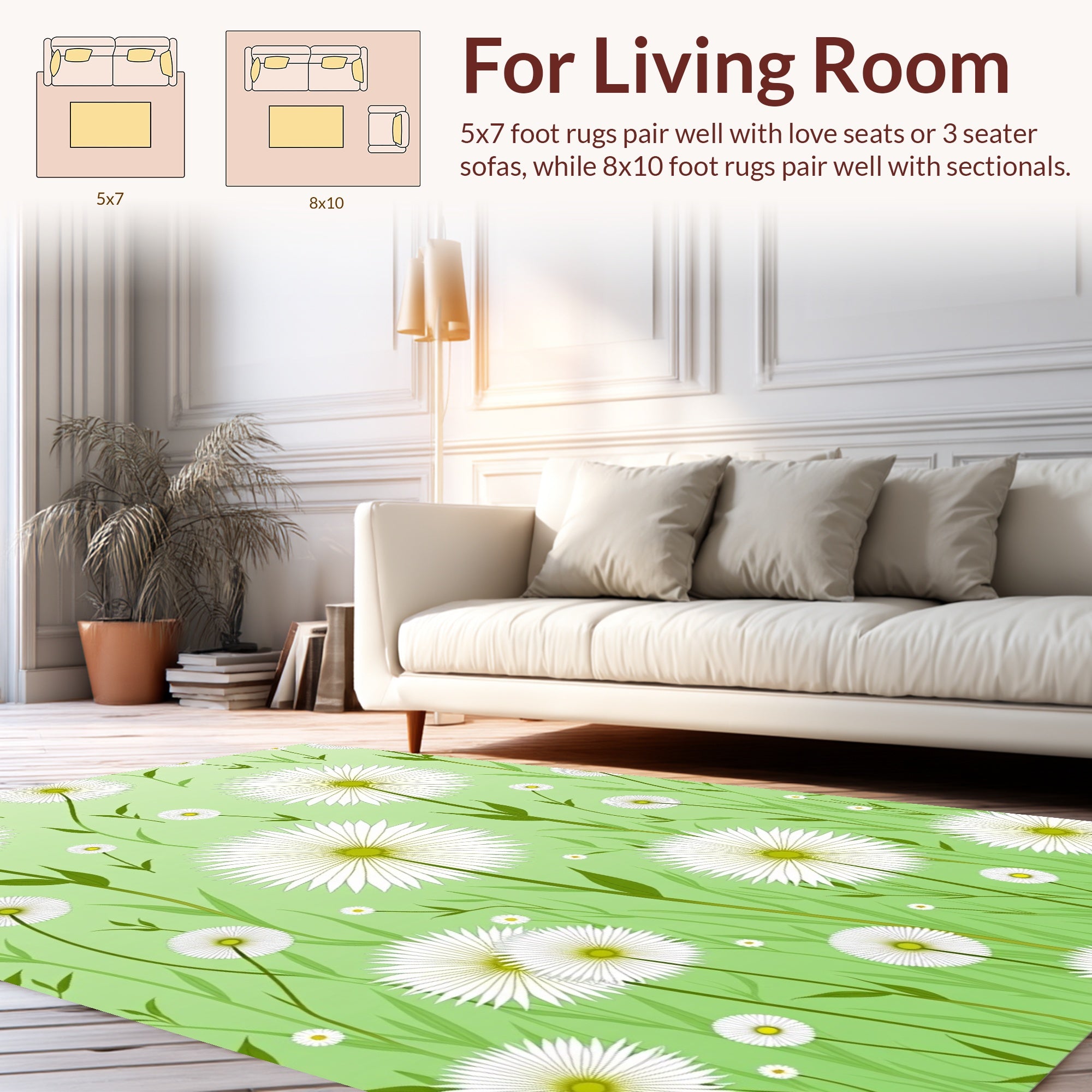 White Sunburst Floral Green Pattern Rug