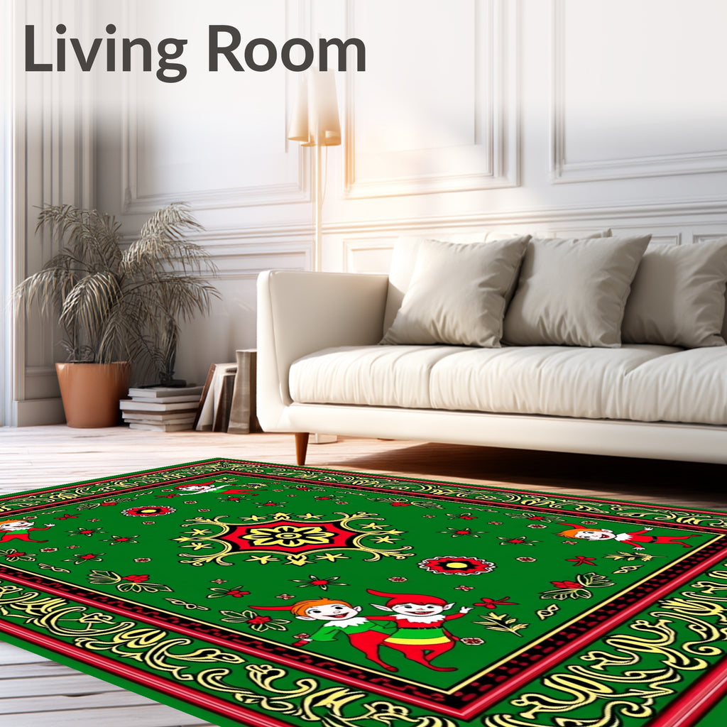 Green Red Yellow Elf Holiday Border Rug