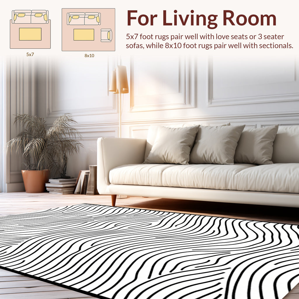 Abstract Black White Wavy Line Design Rug