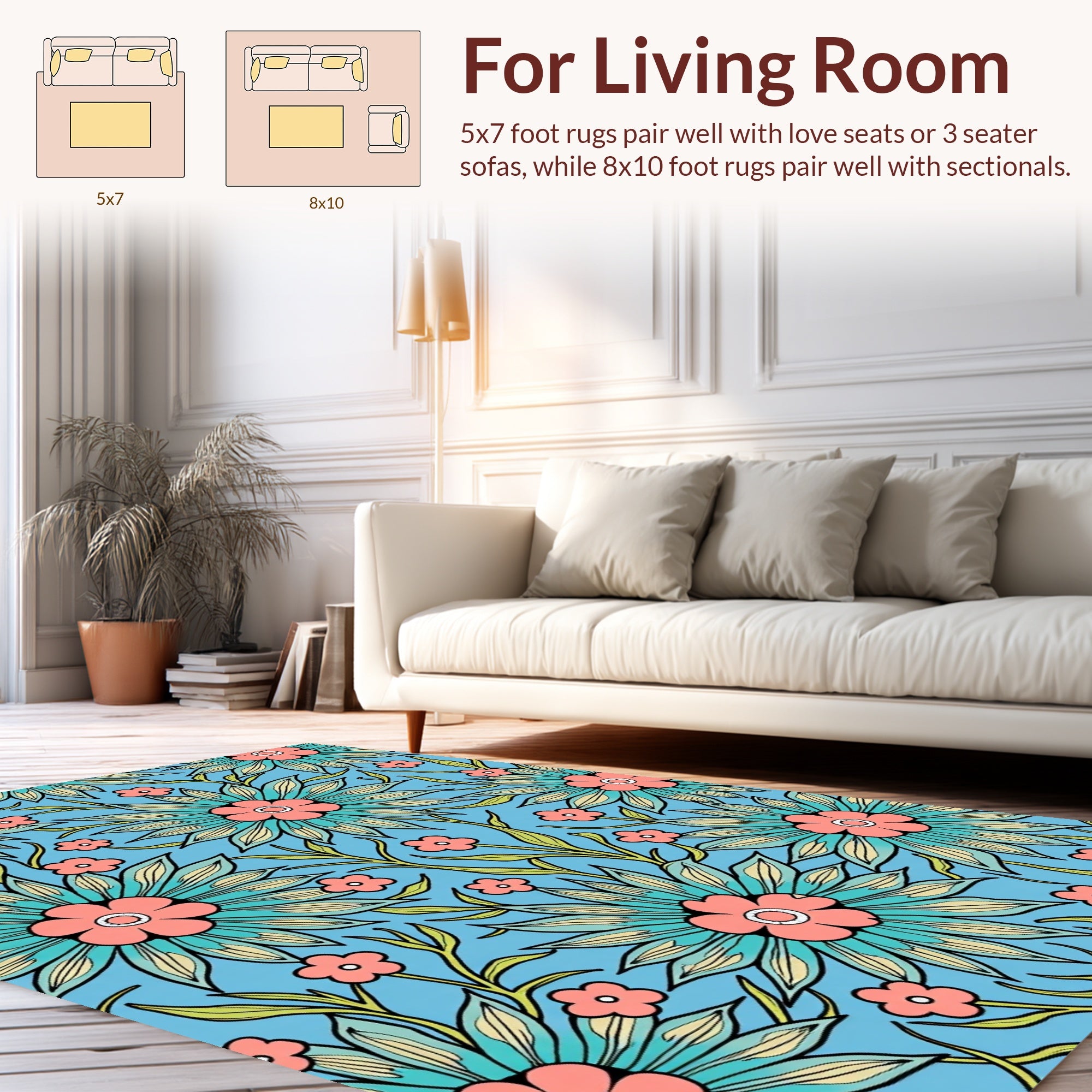 Vibrant Floral Pattern with Teal Coral Accents Rug