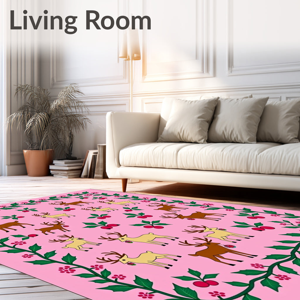 Pink Reindeer Holly Berry Garland Rug