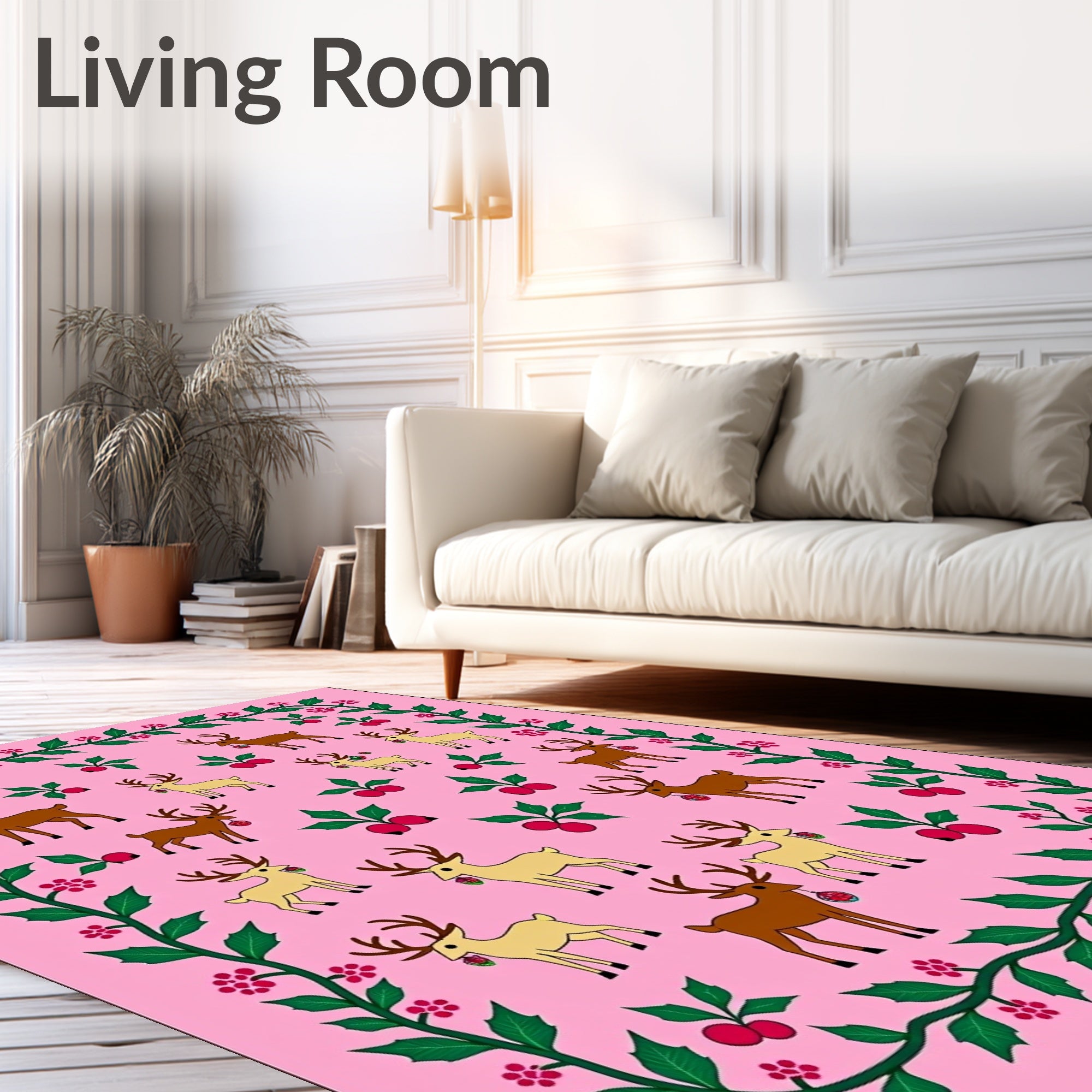 Pink Reindeer Holly Berry Garland Rug