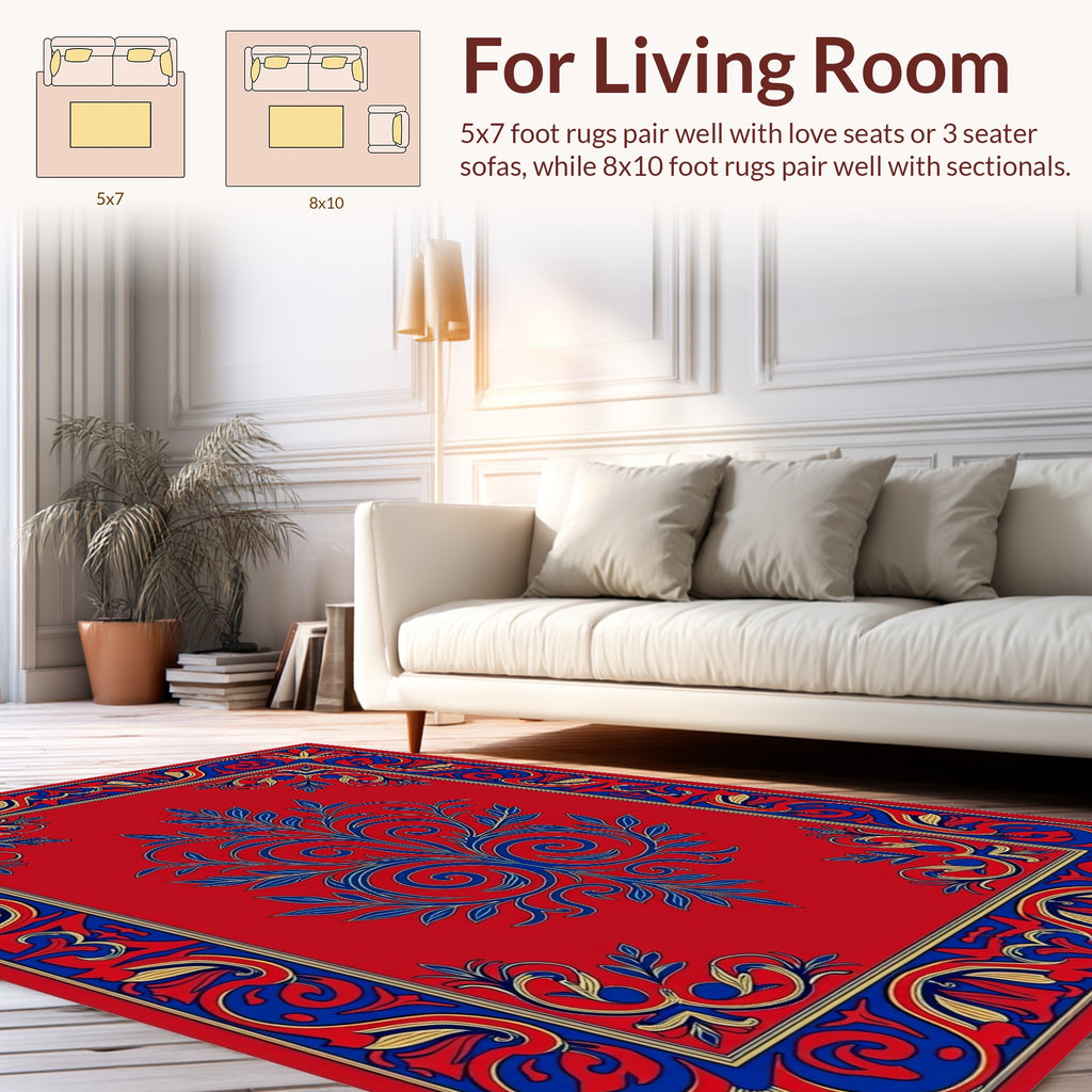 Royal Red Blue Gold Floral Border Design Rug