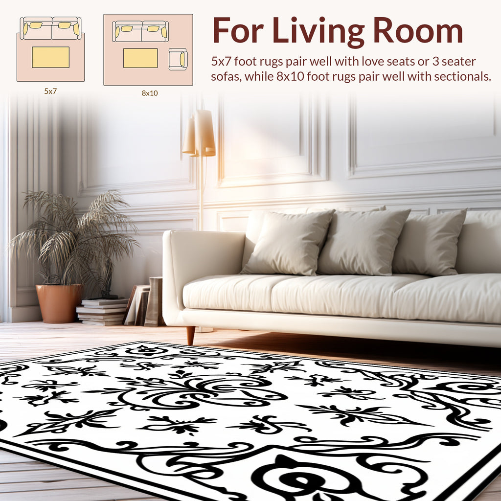 Classic Floral Scrollwork Black White Rug