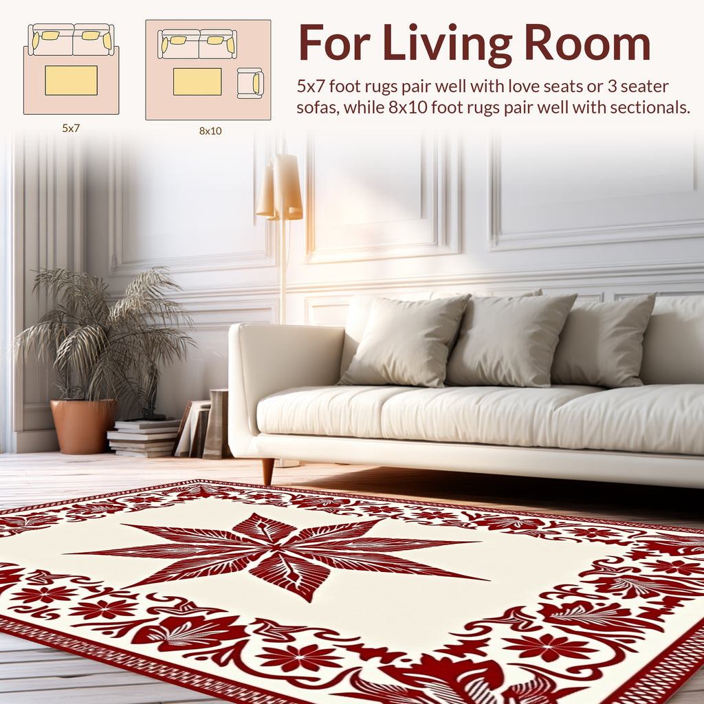 Deep Red Floral Star Border Design Rug