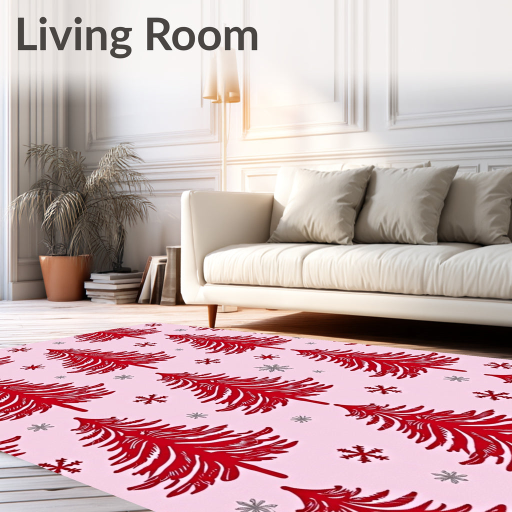 Red Pine Christmas Trees Snowflakes Rug