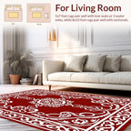 Intricate White Floral Scrollwork Red Rug