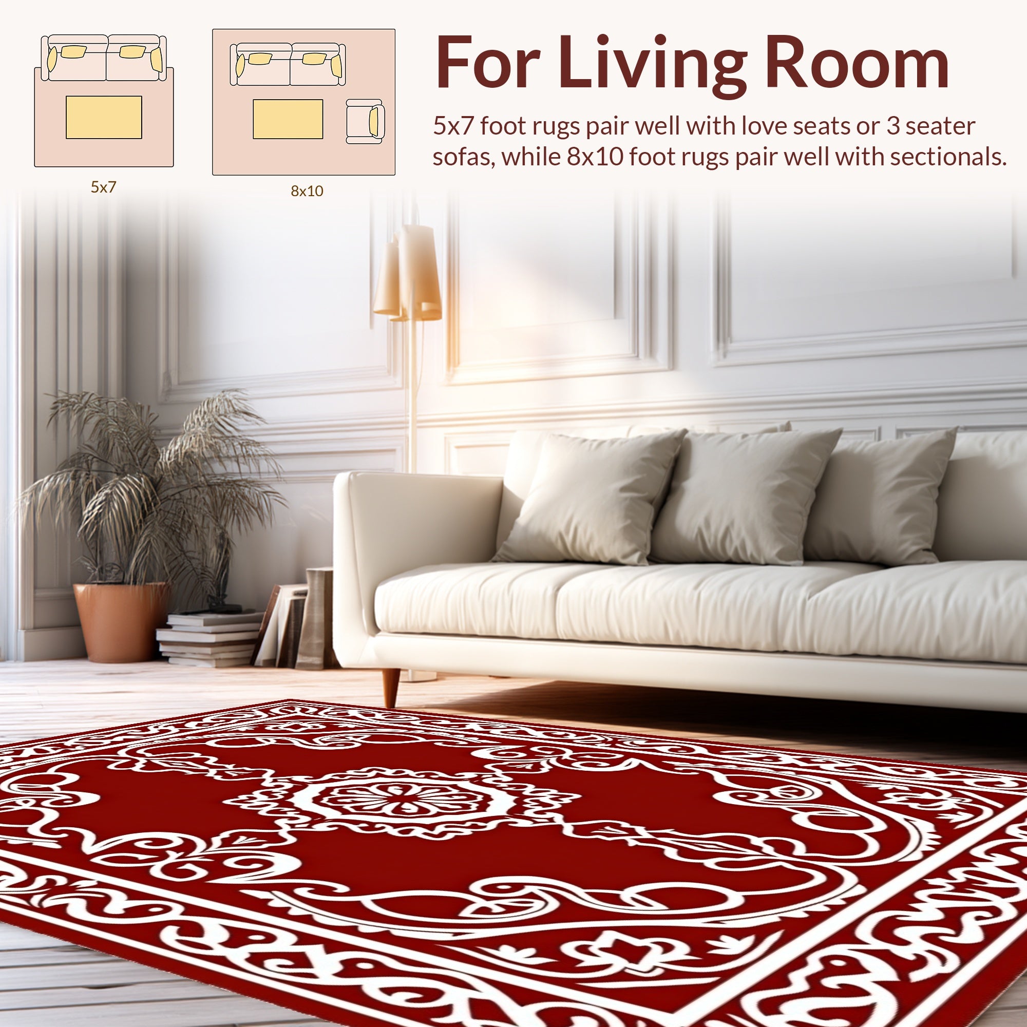 Intricate White Floral Scrollwork Red Rug