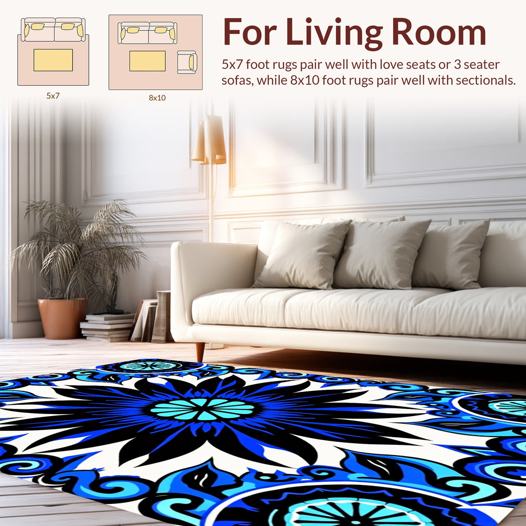 Bold Blue Floral Mandala Pattern Rug