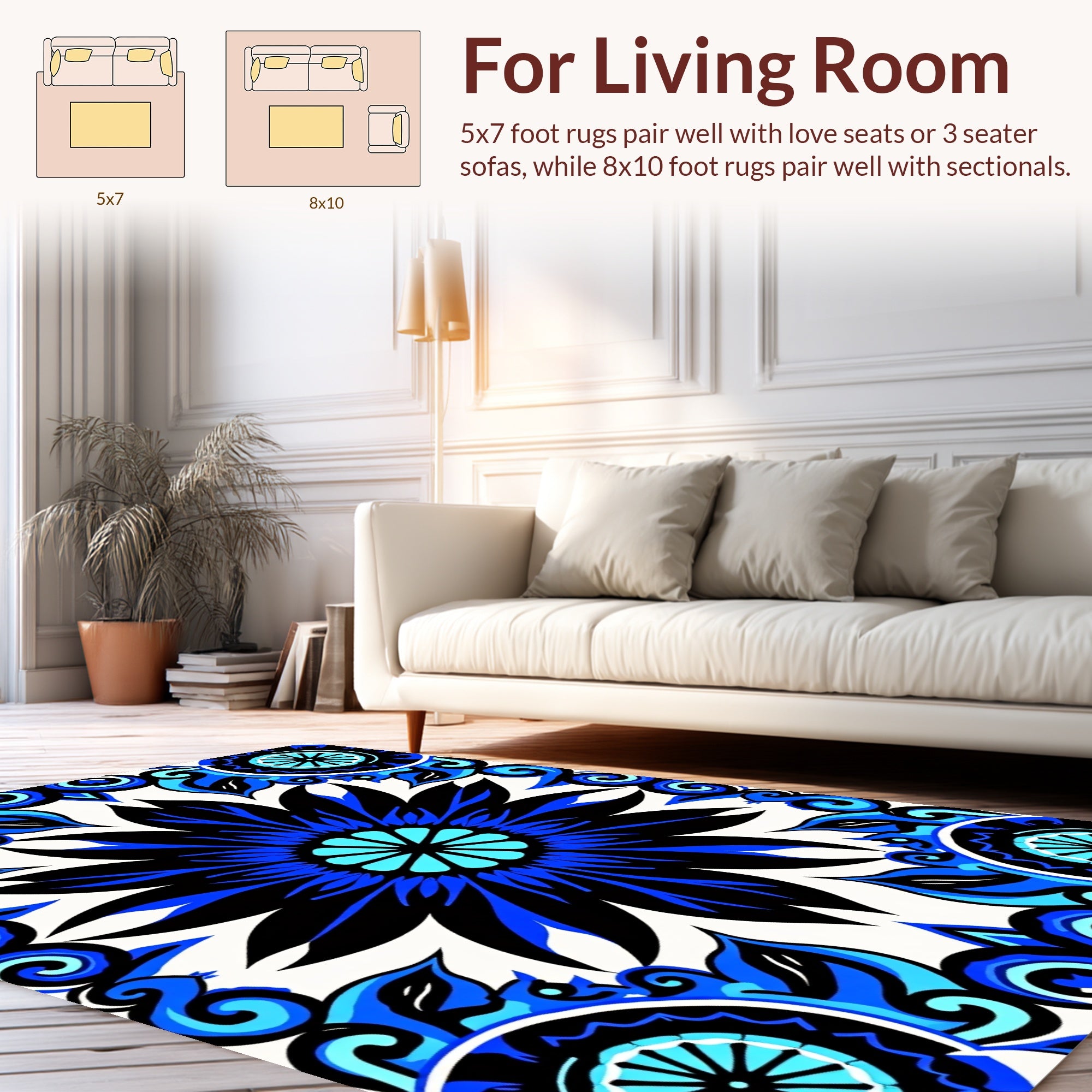 Bold Blue Floral Mandala Pattern Rug