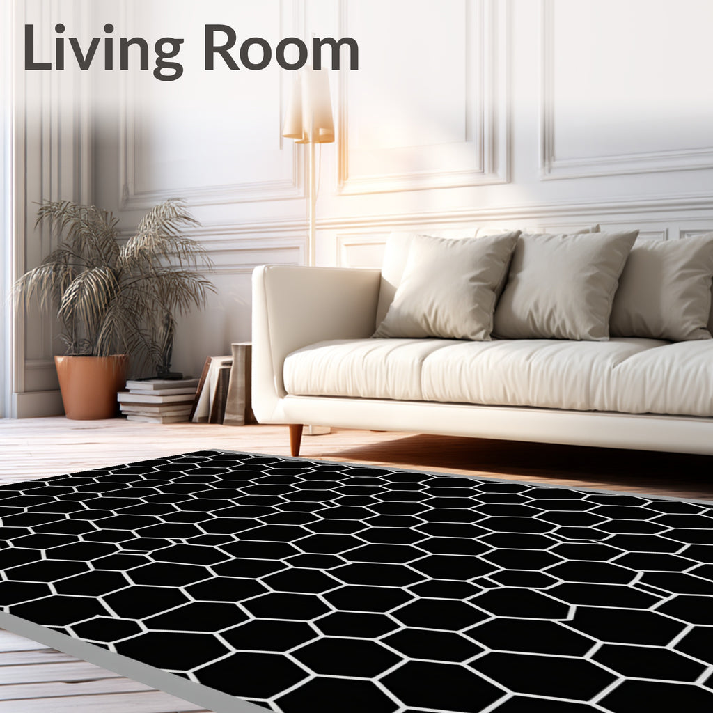 Graphic Hexagonal Black White Pattern Rug