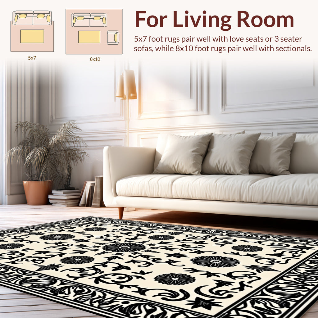 Intricate Floral Mandala Black and White Rug