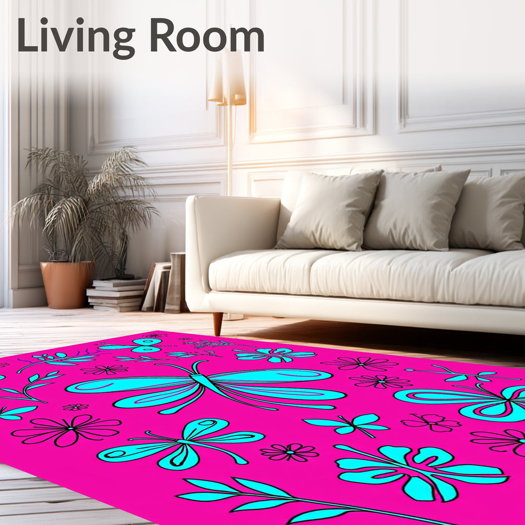 Whimsical Turquoise Butterfly Garden Bloom Rug