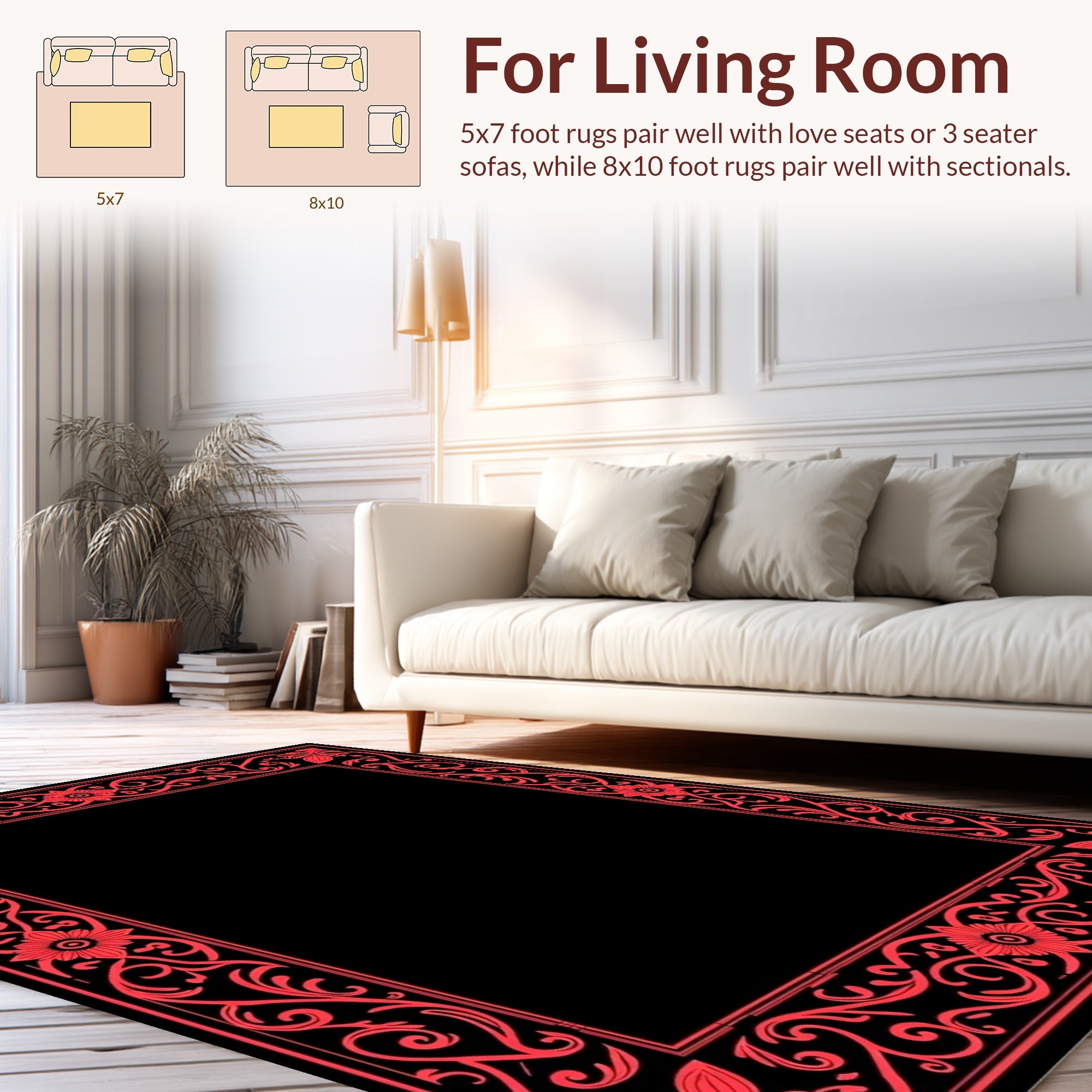 Red Floral Swirl Border Design Rug