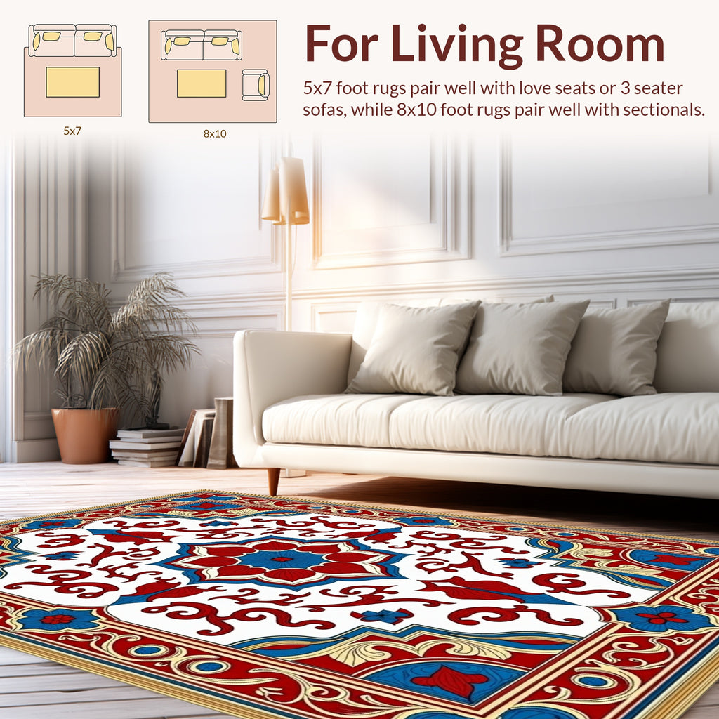 Red Blue Geometric Floral Repeating Pattern Rug