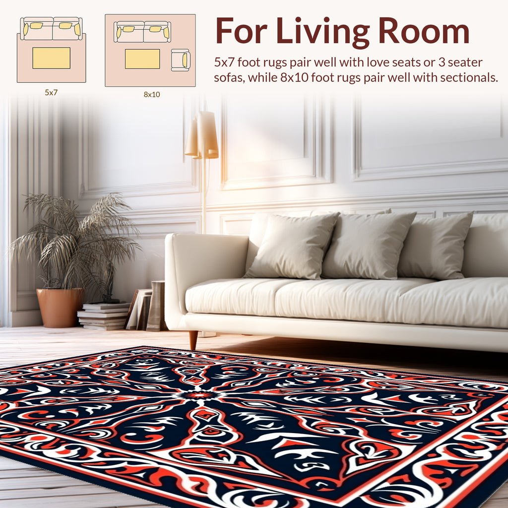 Red White Black Symmetrical Floral Pattern Rug