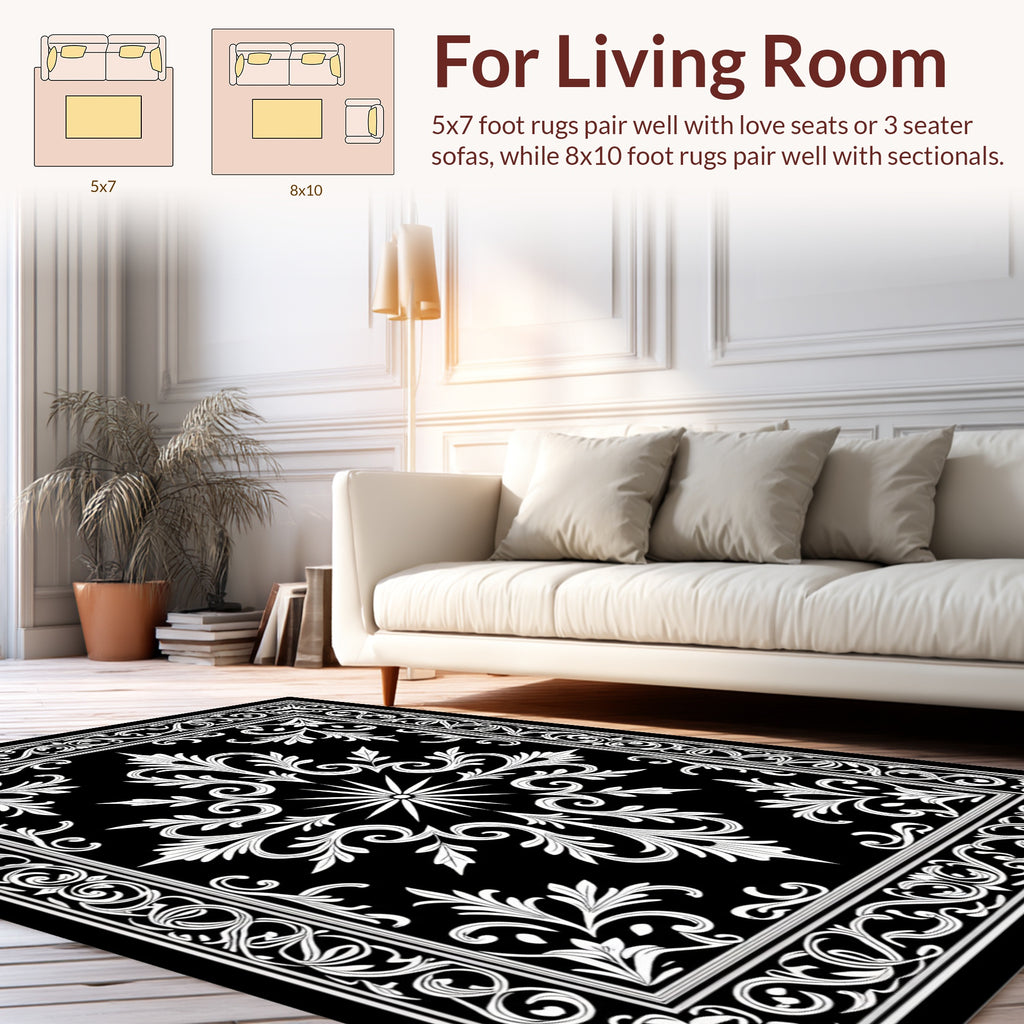 Classic Black White Floral Scroll Rug