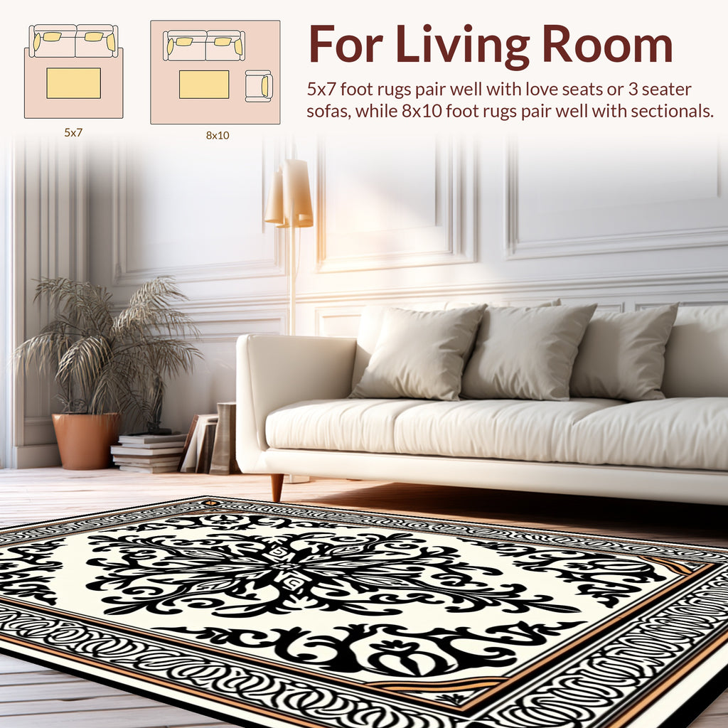Ornate Black White Floral Scroll Rug