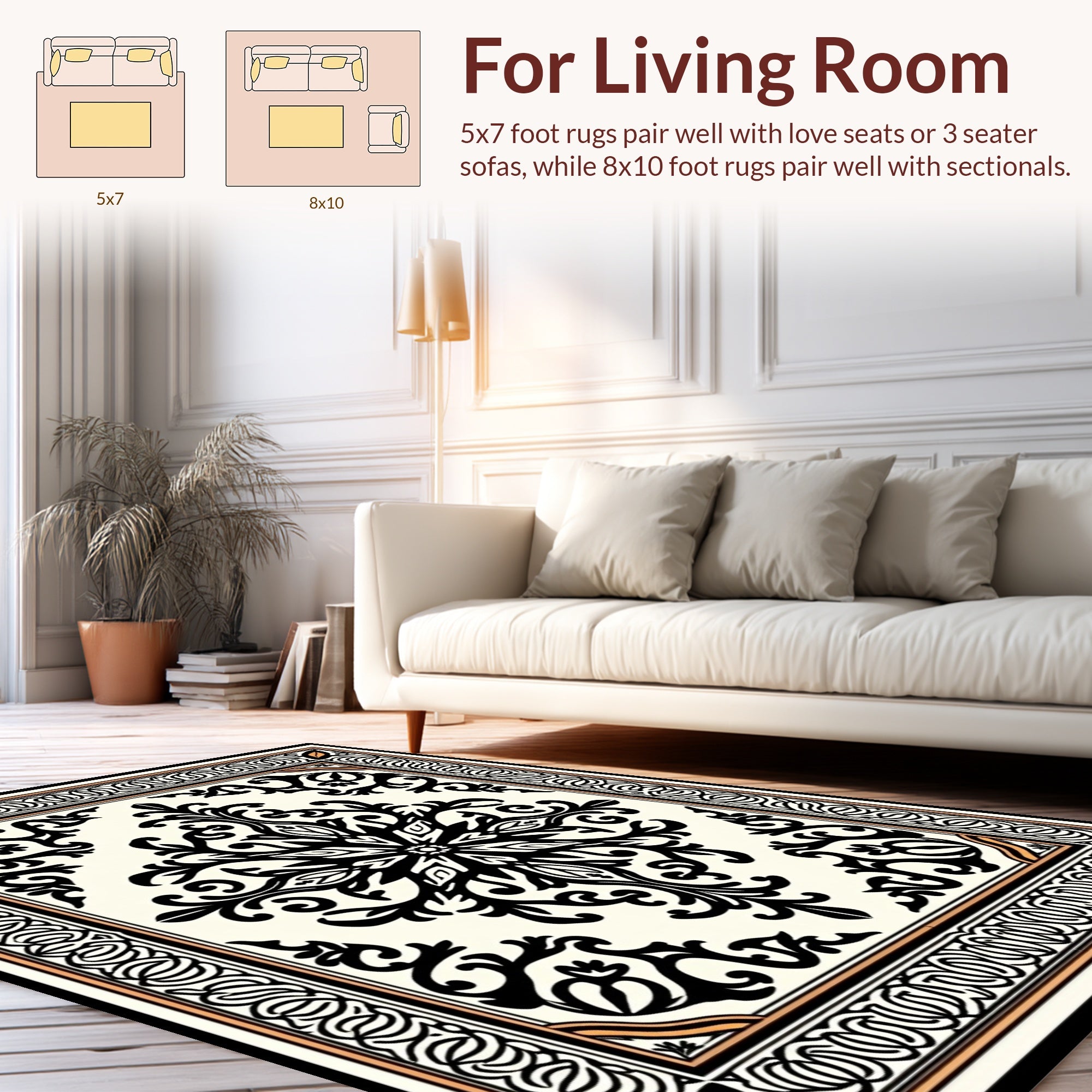 Ornate Black White Floral Scroll Rug