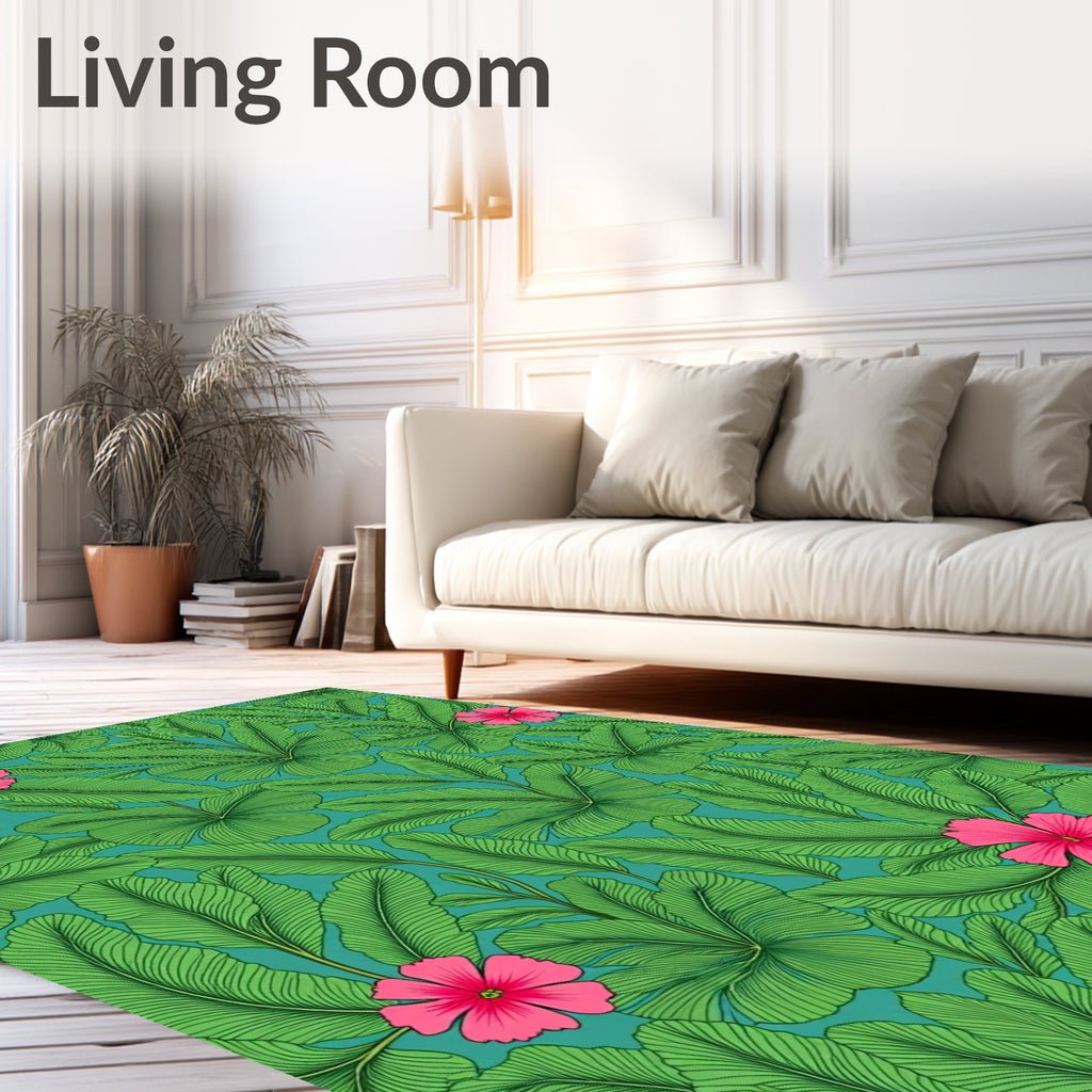 Vibrant Floral Green Leaf Pattern Rug