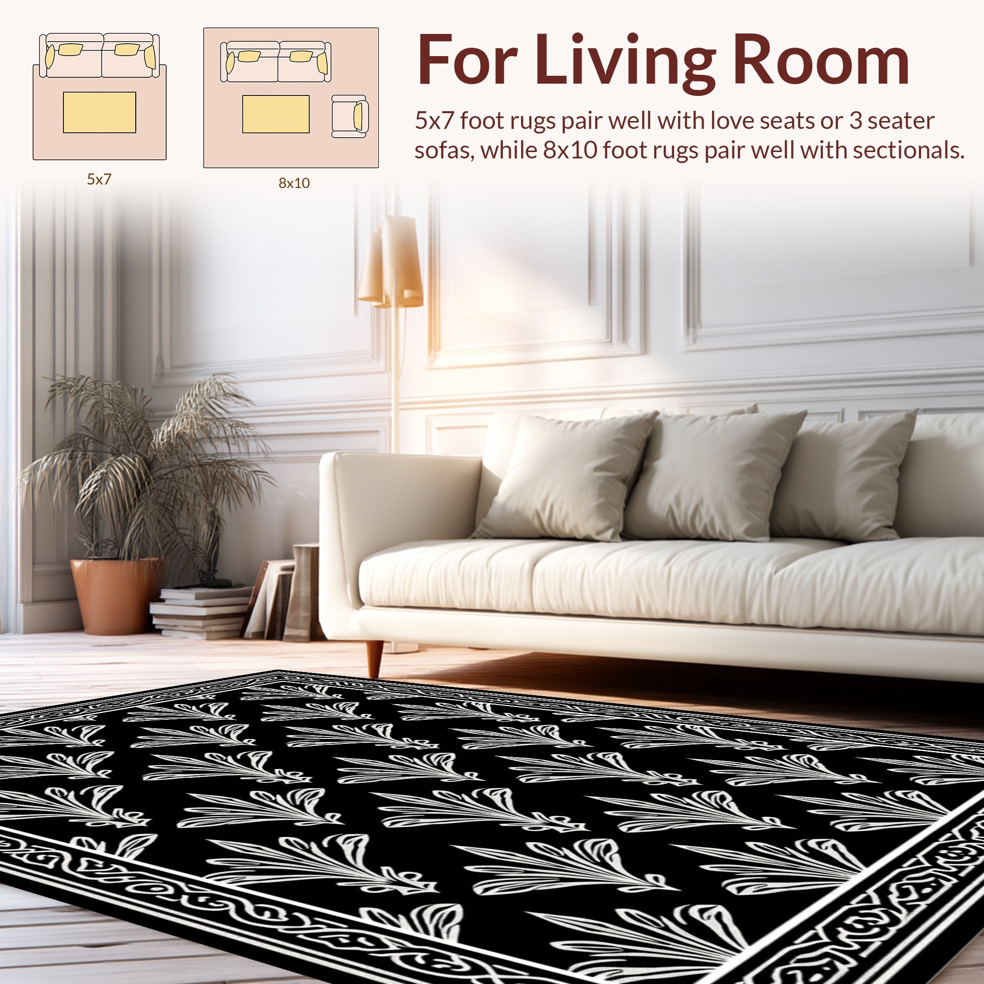 Classic Black White Floral Pattern Rug