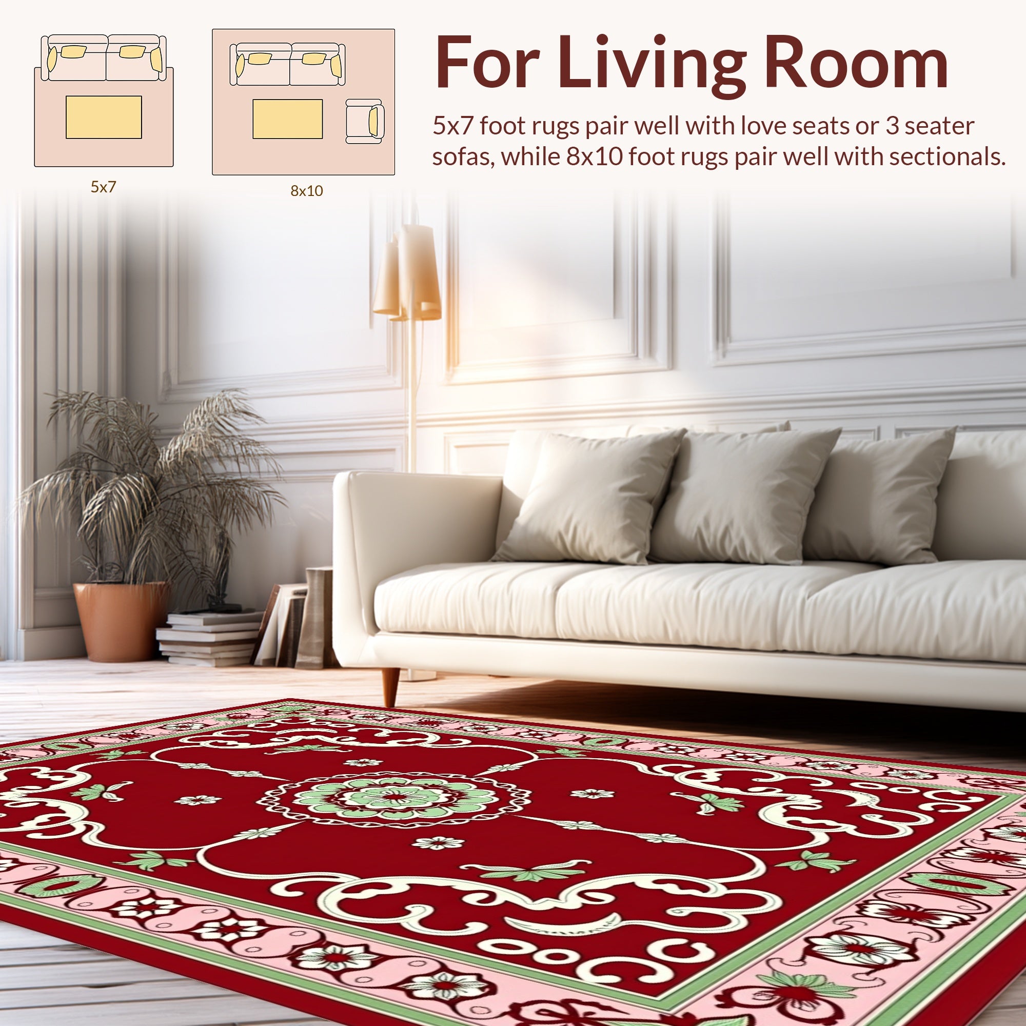 Crimson Floral Scrollwork Patterned Rug